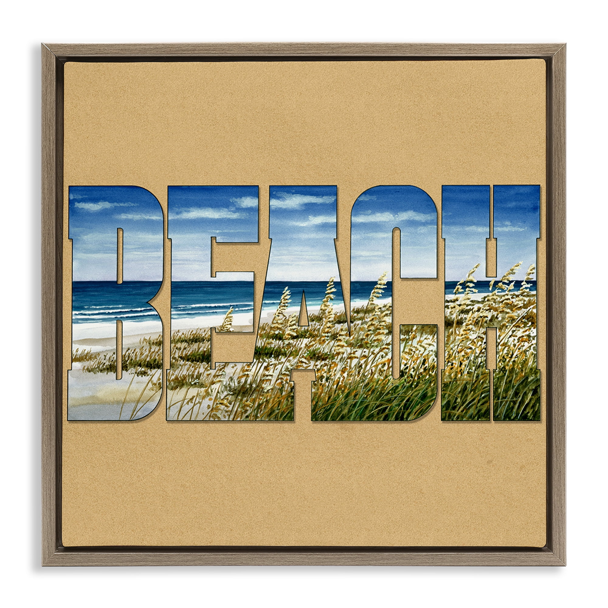 Stupell Industries Grassy Beach View Letters Nautical & Beach Painting Brown Floater Framed Canvas Art Print Wall Art, 18 x 18