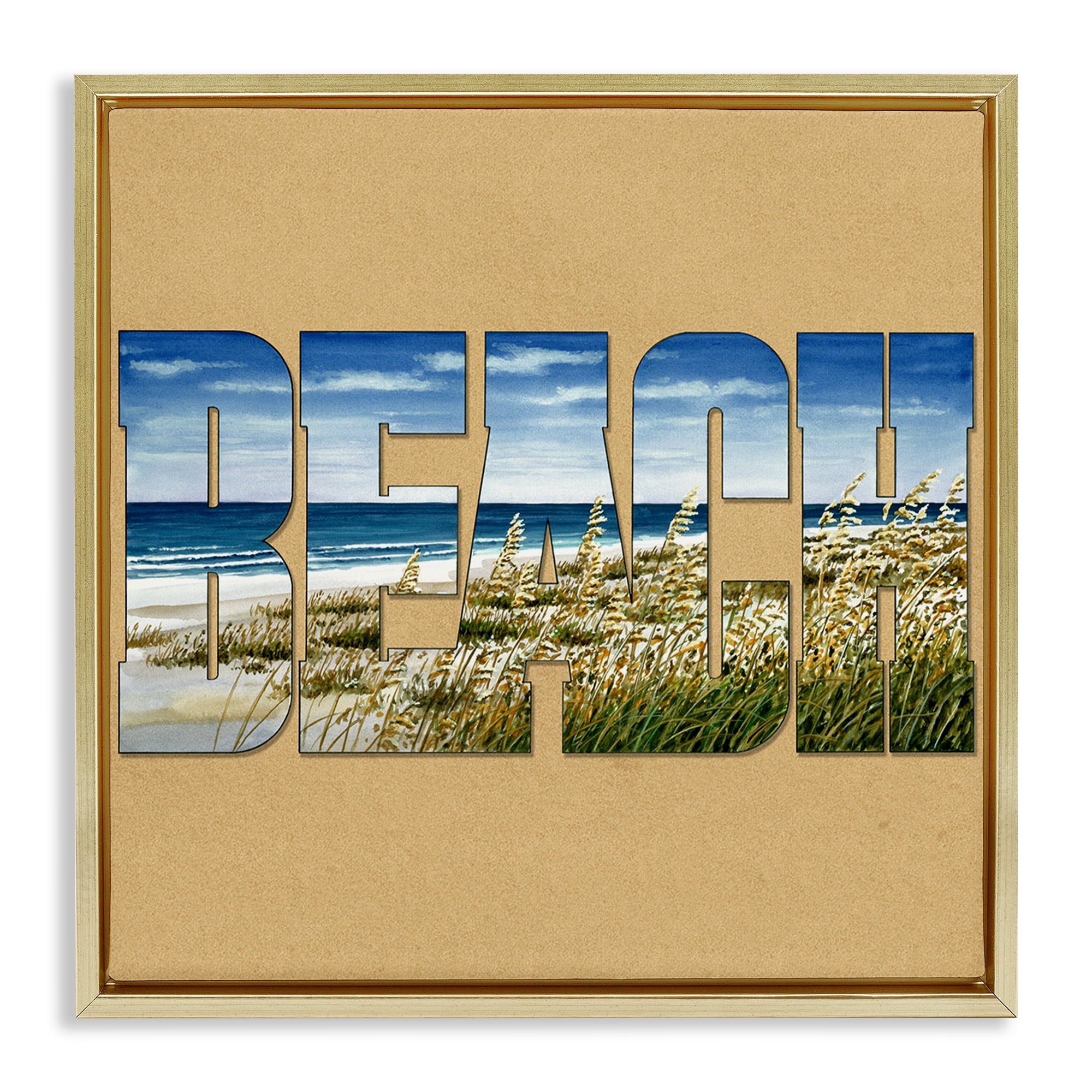Stupell Industries Grassy Beach View Letters Nautical & Beach Painting Gold Floater Framed Canvas Art Print Wall Art, 25 x 25