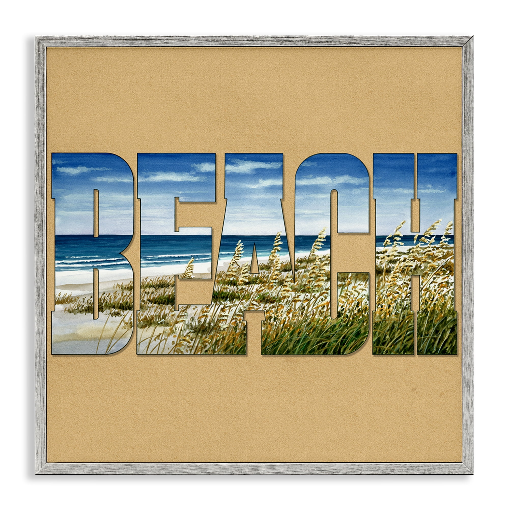 Stupell Industries Grassy Beach View Letters Nautical & Beach Painting Gray Framed Art Print Wall Art, 17 x 17