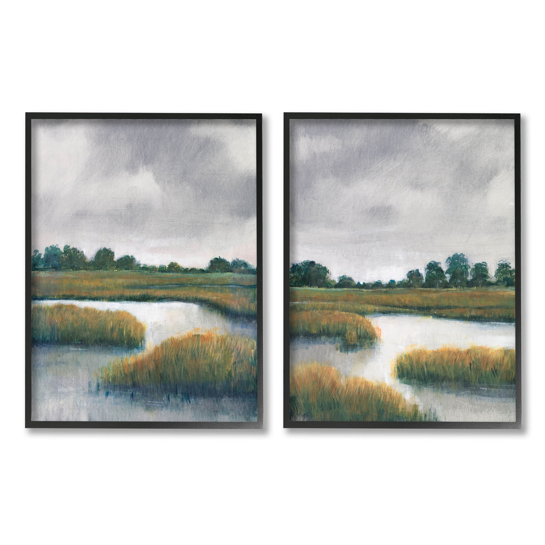 Stupell Industries Grassy Rural Marshland Landscape Painting Black Framed Art Print Wall Art, Set of 2, Design by Tim OToole