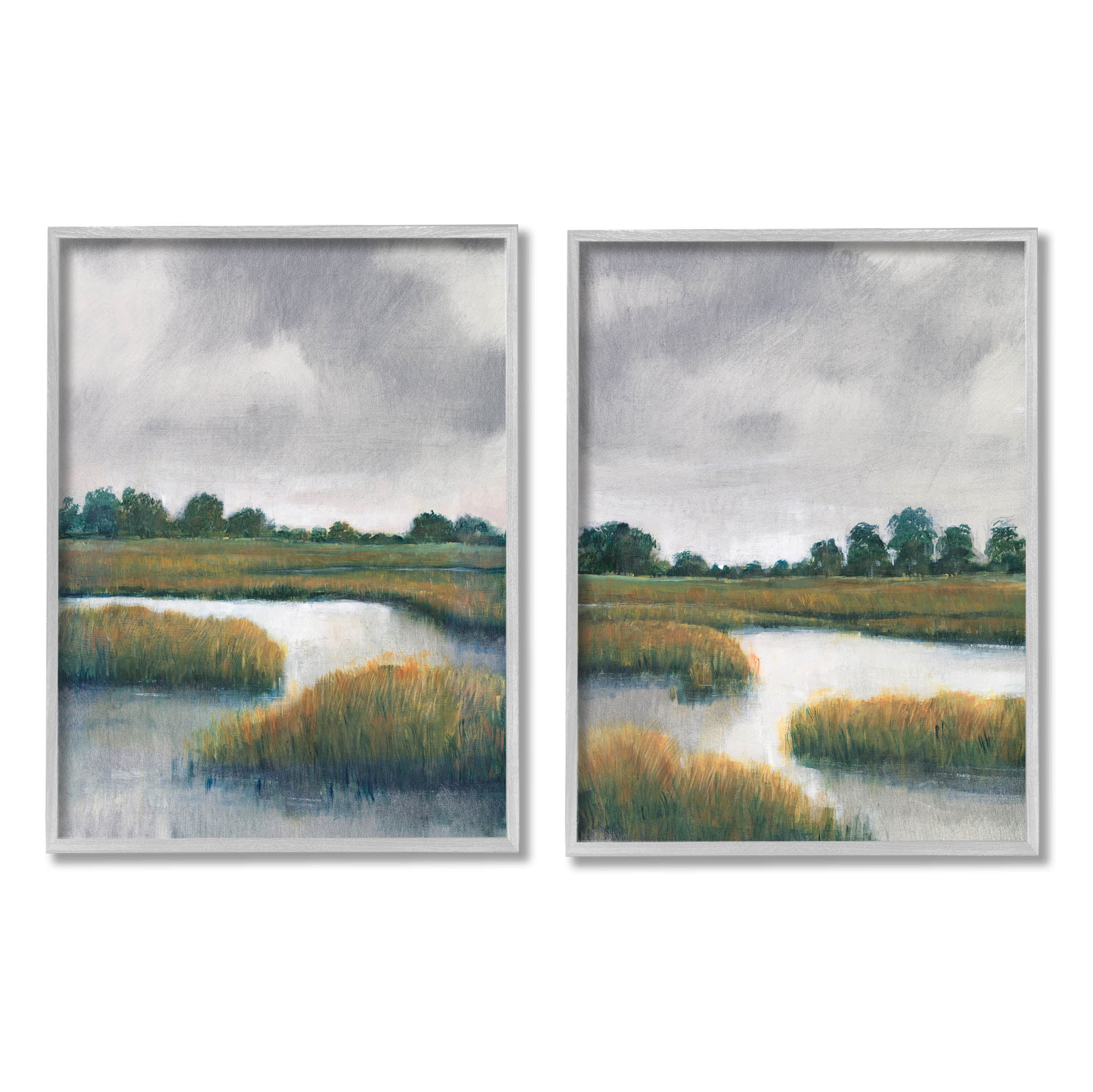 Stupell Industries Grassy Rural Marshland Landscape Painting Gray Framed Art Print Wall Art, Set of 2, Design by Tim OToole