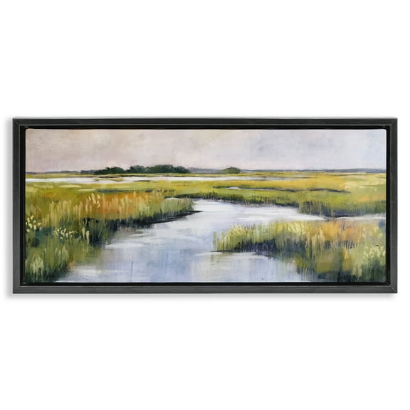 Stupell Industries Grassy Rural Marshlands Landscape & Nature Painting Black Floater Framed Canvas Art Print Wall Art, 25 x 11