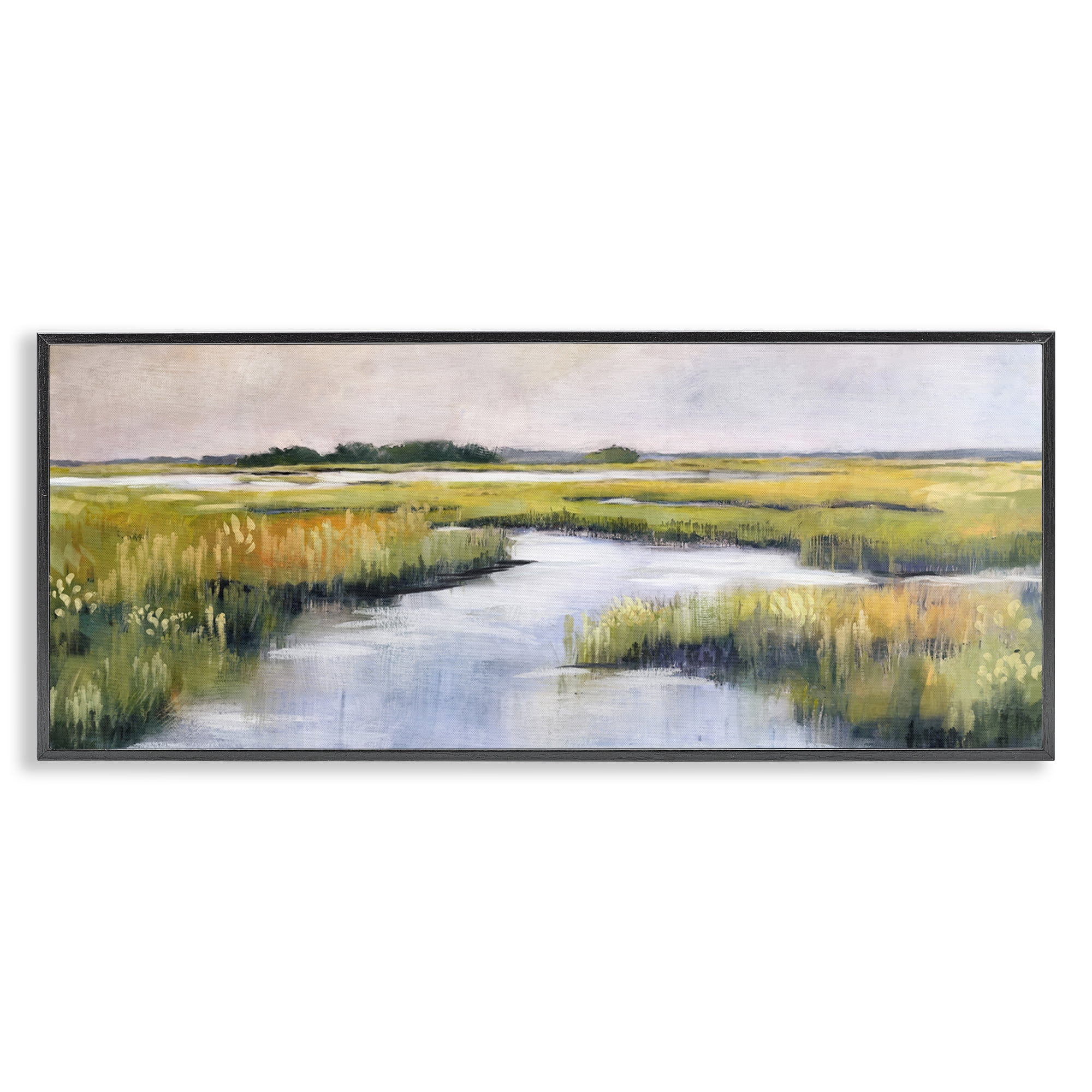 Stupell Industries Grassy Rural Marshlands Landscape & Nature Painting Black Framed Art Print Wall Art, 30 x 13