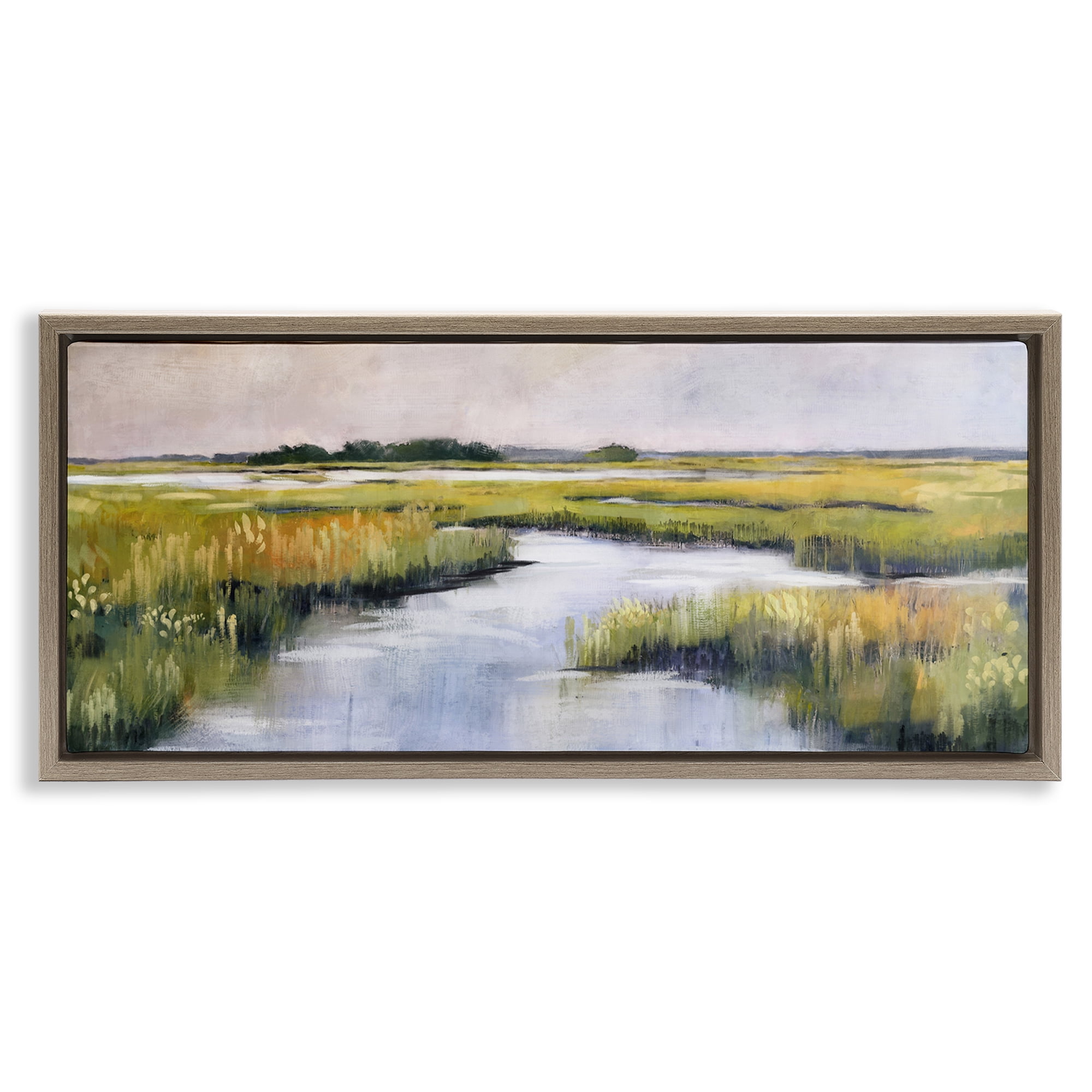 Stupell Industries Grassy Rural Marshlands Landscape & Nature Painting Brown Floater Framed Canvas Art Print Wall Art, 25 x 11
