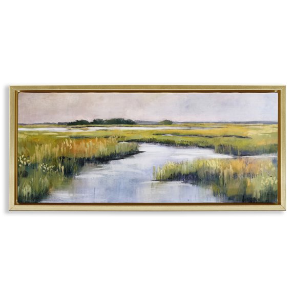 Stupell Industries Grassy Rural Marshlands Landscape & Nature Painting Gold Floater Framed Canvas Art Print Wall Art, 31 x 14