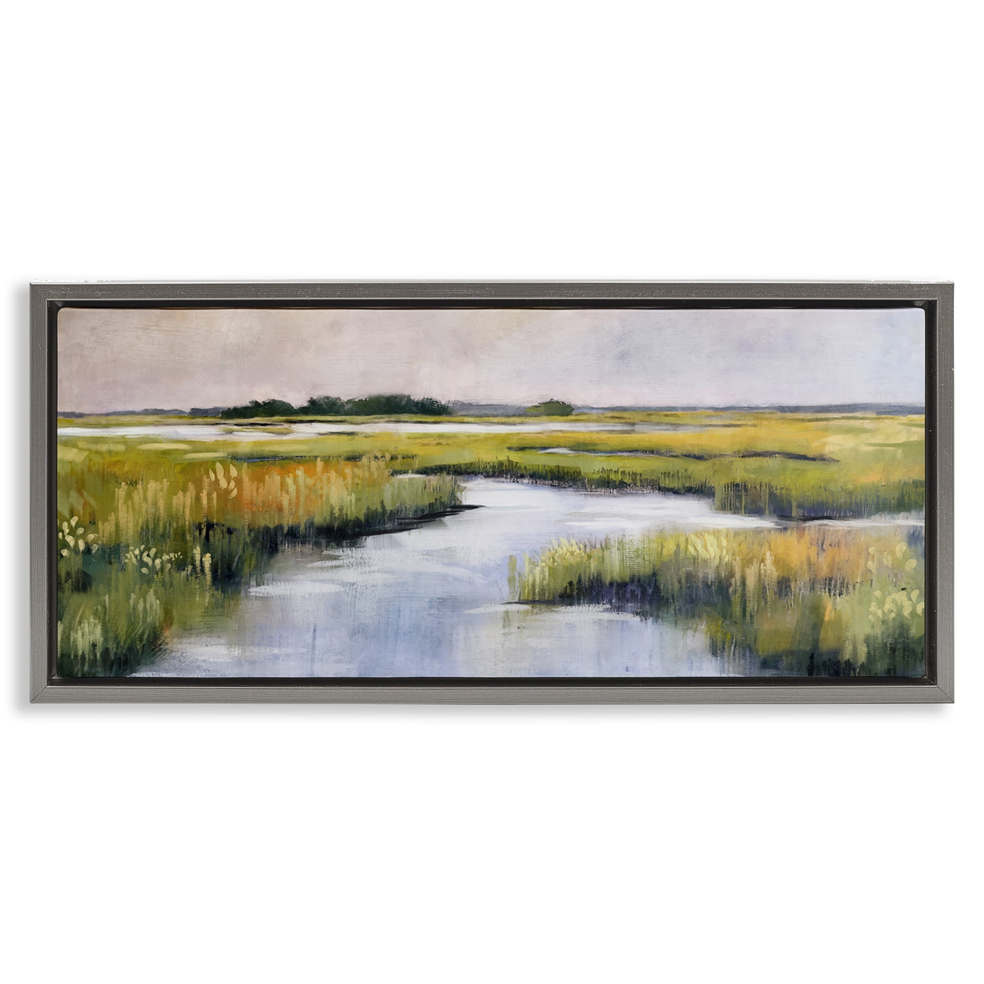 Stupell Industries Grassy Rural Marshlands Landscape & Nature Painting Gray Floater Framed Canvas Art Print Wall Art, 31 x 14