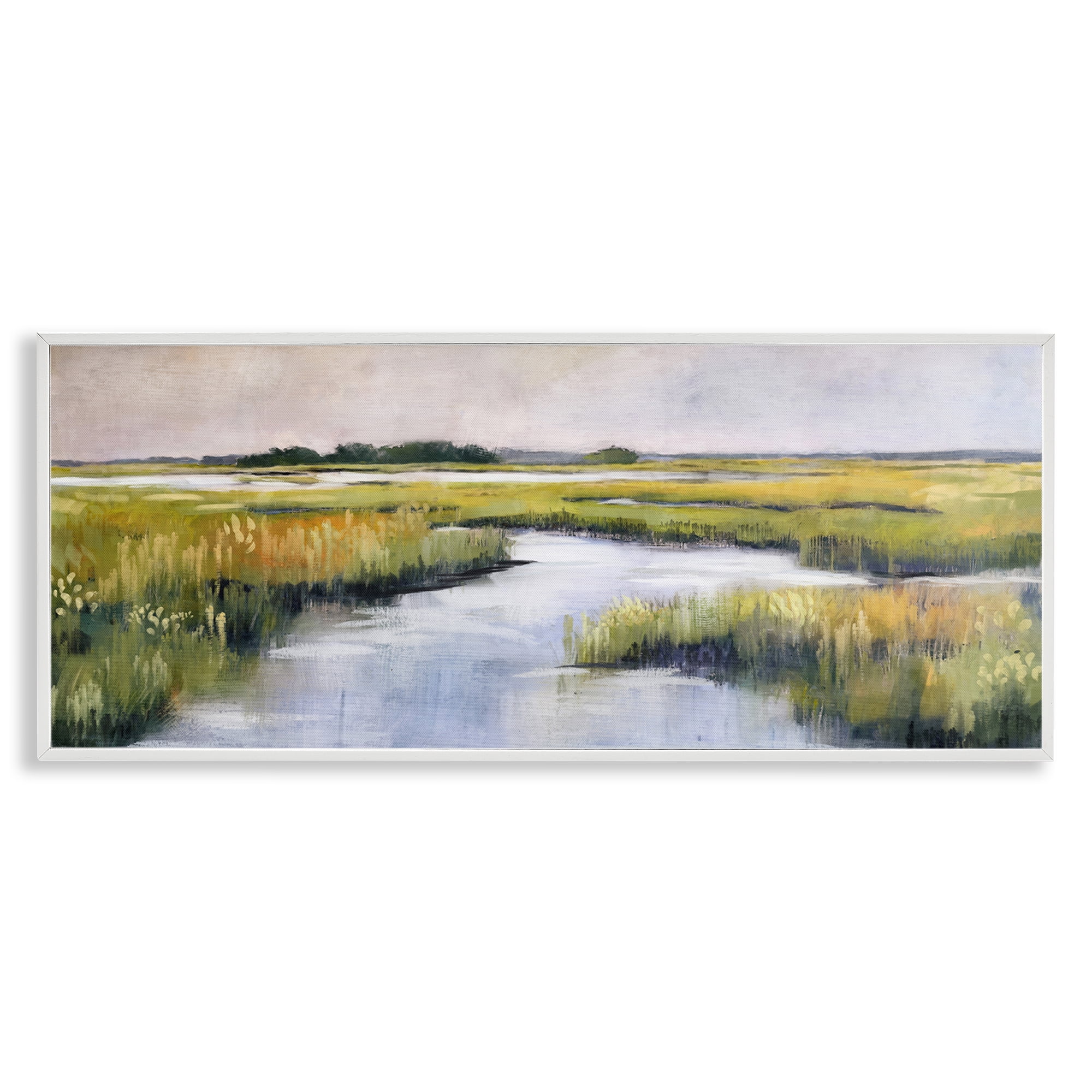 Stupell Industries Grassy Rural Marshlands Landscape & Nature Painting White Framed Art Print Wall Art, 30 x 13