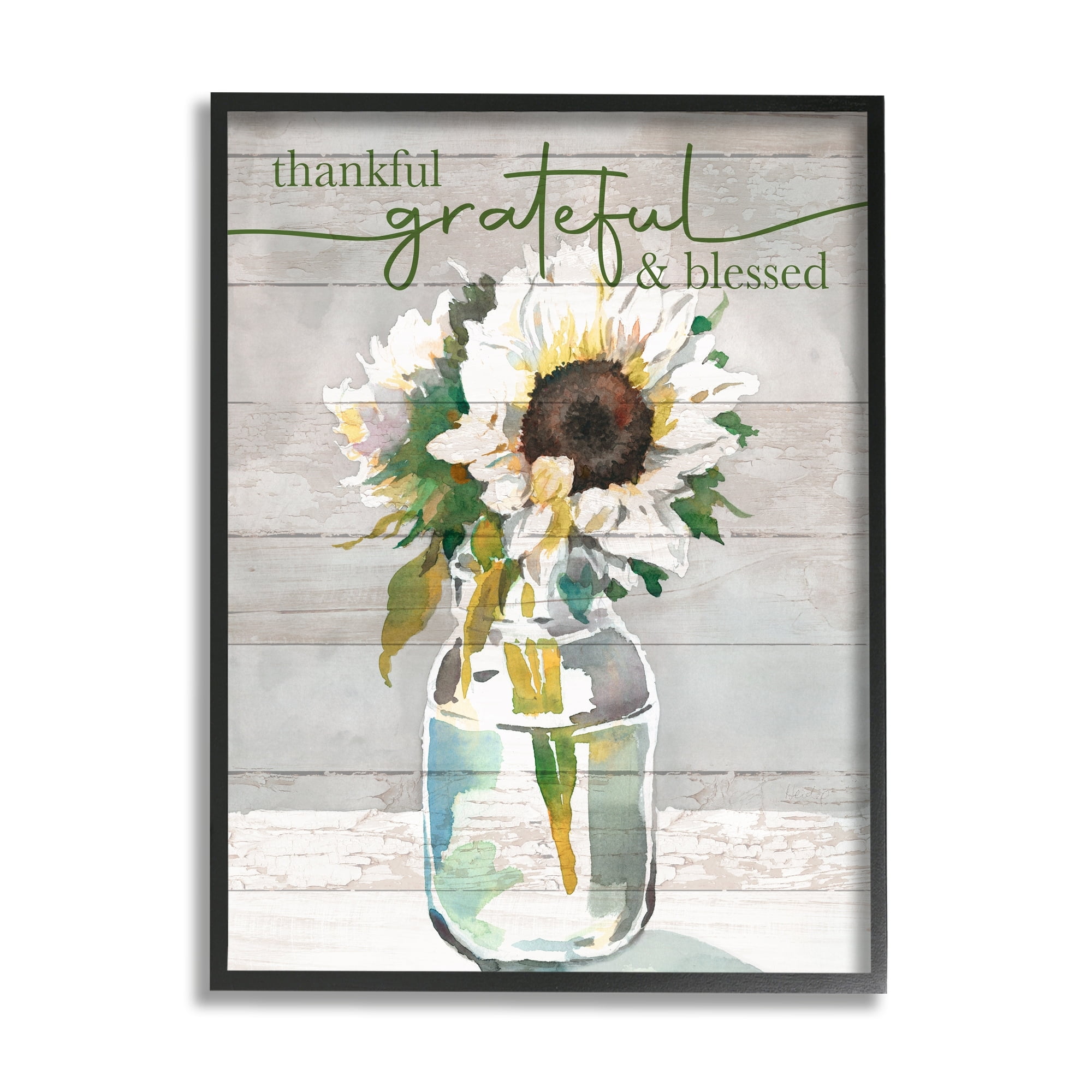Stupell Industries Grateful & Blessed Layered Sunflower Country Planked Pattern Graphic Art Black Framed Art Print Wall Art, Design by Theresa Heidel