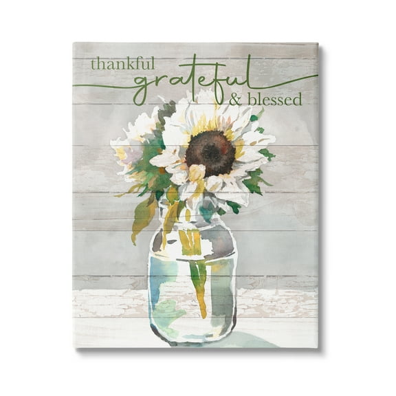 Stupell Industries Grateful & Blessed Layered Sunflower Country Planked Pattern Graphic Art Gallery Wrapped Canvas Print Wall Art, Design by Theresa Heidel