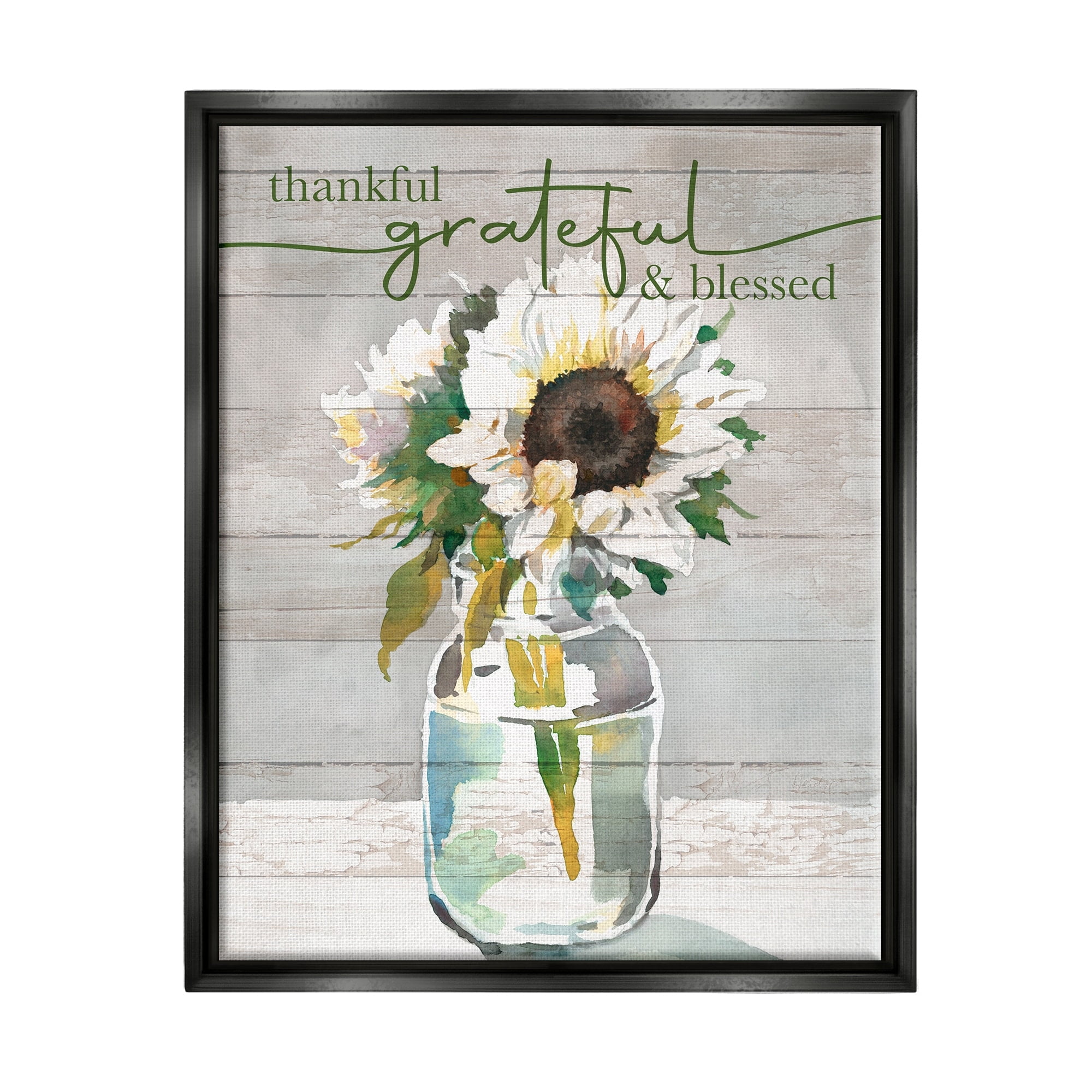 Stupell Industries Grateful & Blessed Layered Sunflower Country Planked Pattern Graphic Art Jet Black Floating Framed Canvas Print Wall Art, Design by Theresa Heidel