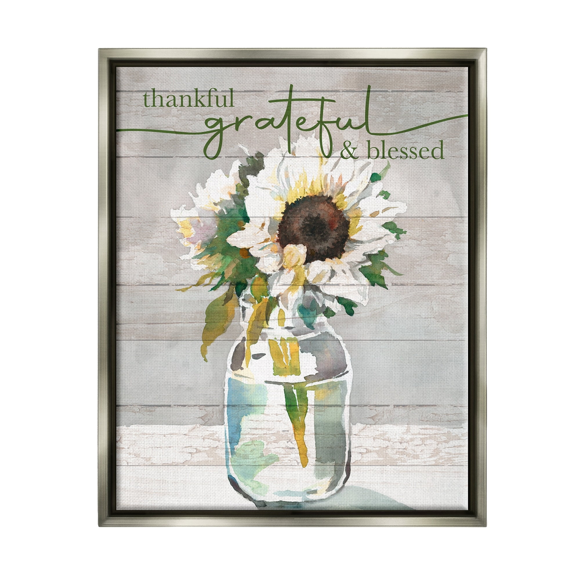 Stupell Industries Grateful & Blessed Layered Sunflower Country Planked Pattern Graphic Art Luster Gray Floating Framed Canvas Print Wall Art, Design by Theresa Heidel