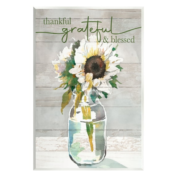 Stupell Industries Grateful & Blessed Layered Sunflower Country Planked Pattern Graphic Art Unframed Art Print Wall Art, Design by Theresa Heidel