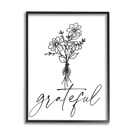 Stupell Industries Grateful Casual Script Calligraphy Floral Daisies Bouquet Graphic Art Black Framed Art Print Wall Art, Design by Lettered and Lined