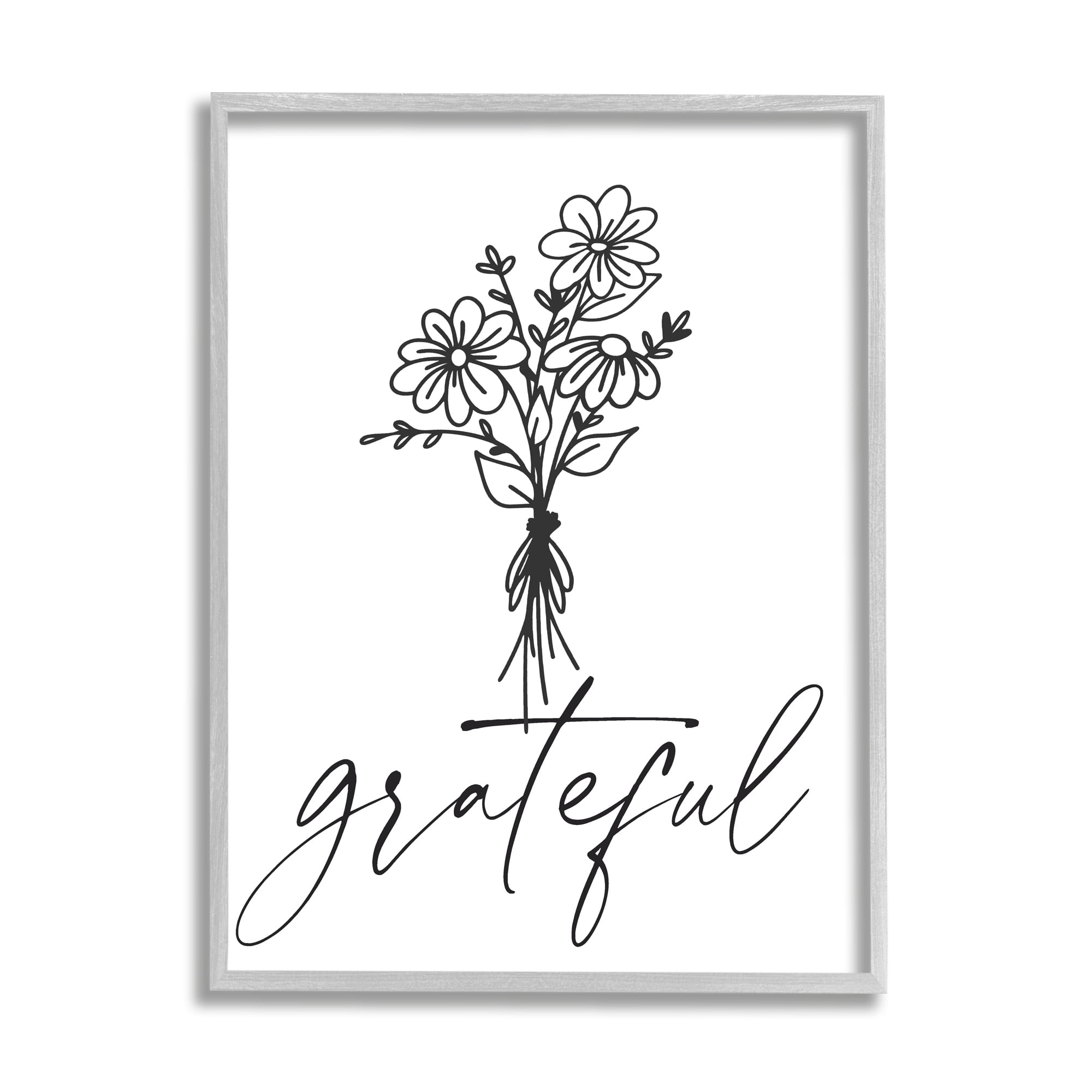 Stupell Industries Grateful Casual Script Calligraphy Floral Daisies Bouquet Graphic Art Gray Framed Art Print Wall Art, Design by Lettered and Lined