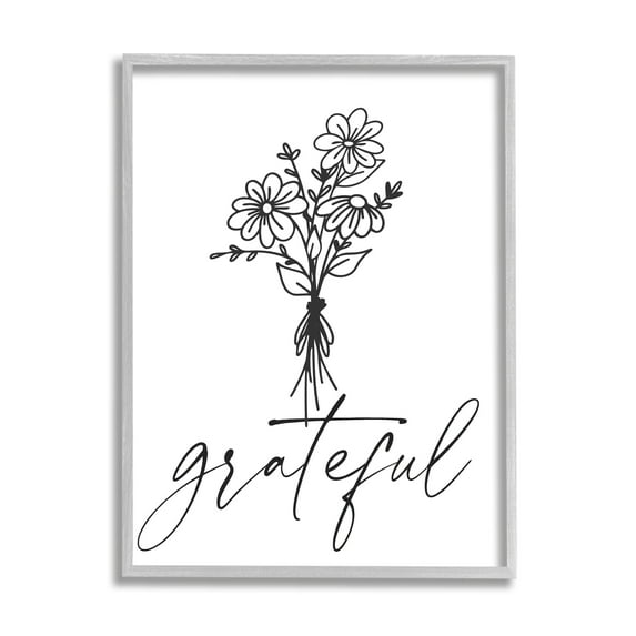 Stupell Industries Grateful Casual Script Calligraphy Floral Daisies Bouquet Graphic Art Gray Framed Art Print Wall Art, Design by Lettered and Lined