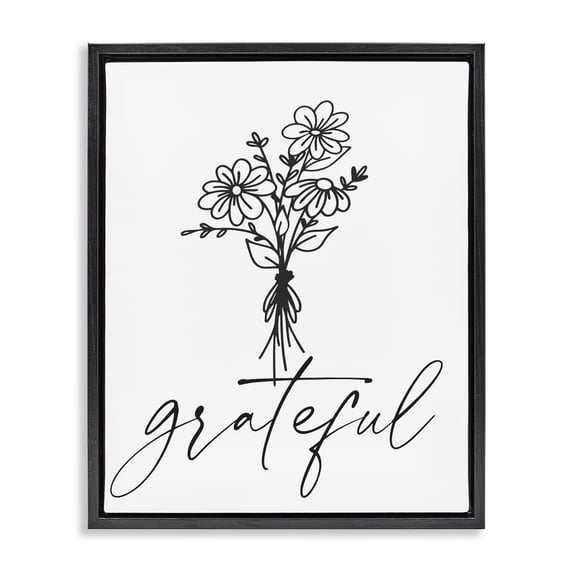 Stupell Industries Farmhouse Grateful Casual Script Calligraphy Floral Daisies Bouquet Black Floating Frame Canvas Art, 17 x 21, by Lettered and Lined