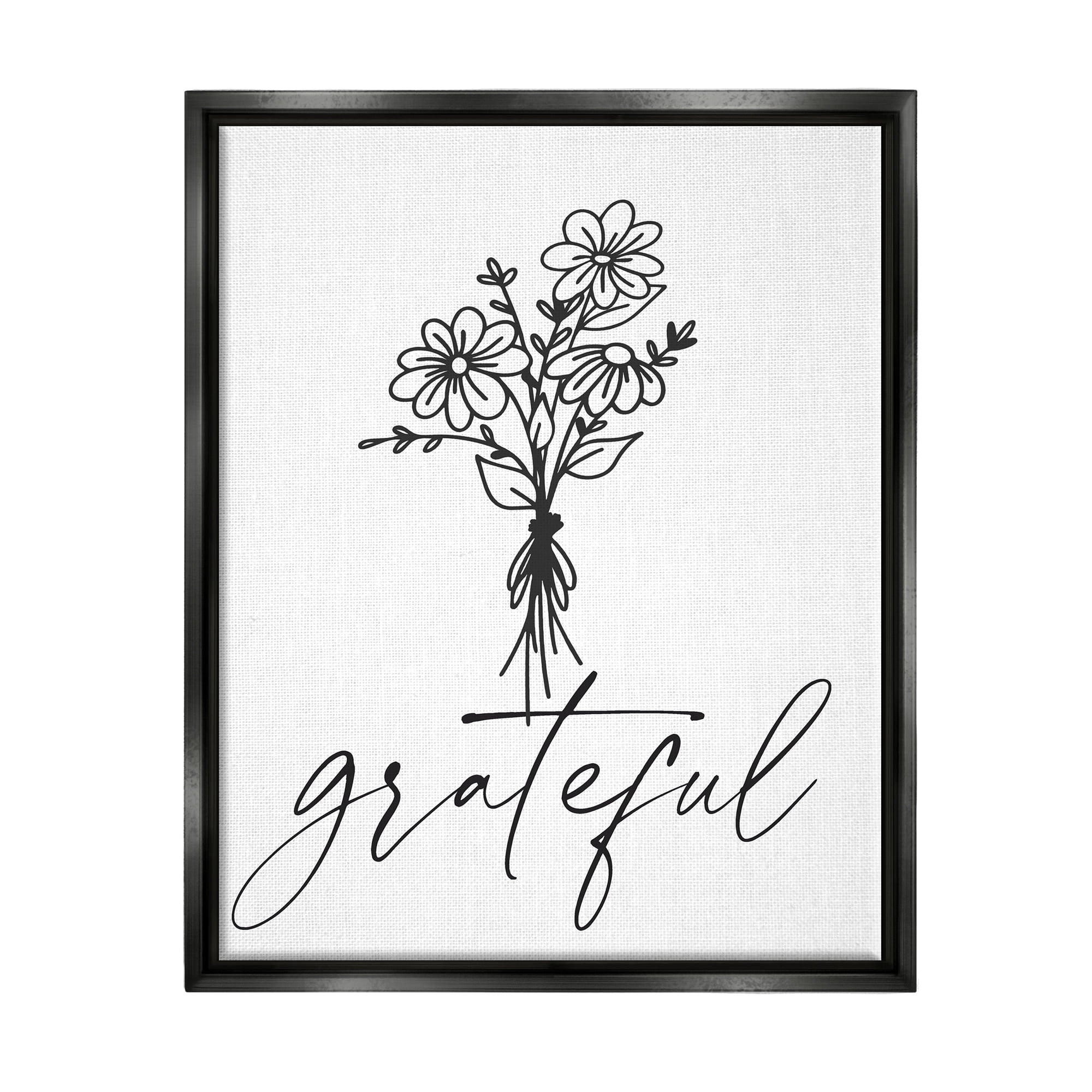 Stupell Industries Grateful Casual Script Calligraphy Floral Daisies Bouquet Graphic Art Jet Black Floating Framed Canvas Print Wall Art, Design by Lettered and Lined