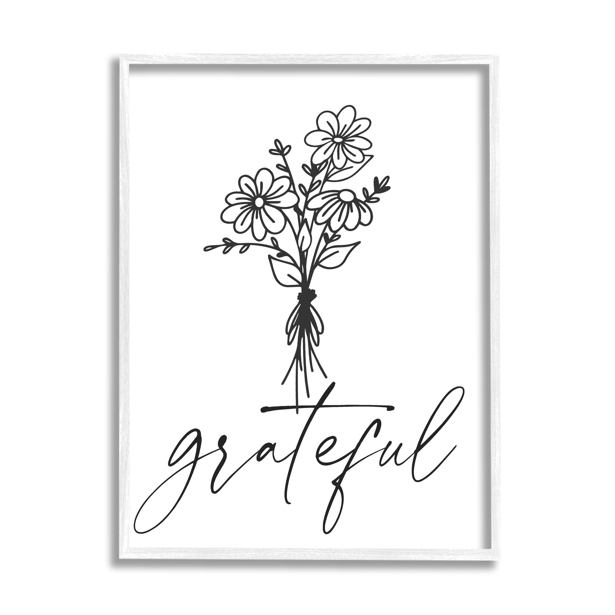 Stupell Industries Grateful Casual Script Calligraphy Floral Daisies Bouquet Graphic Art White Framed Art Print Wall Art, Design by Lettered and Lined