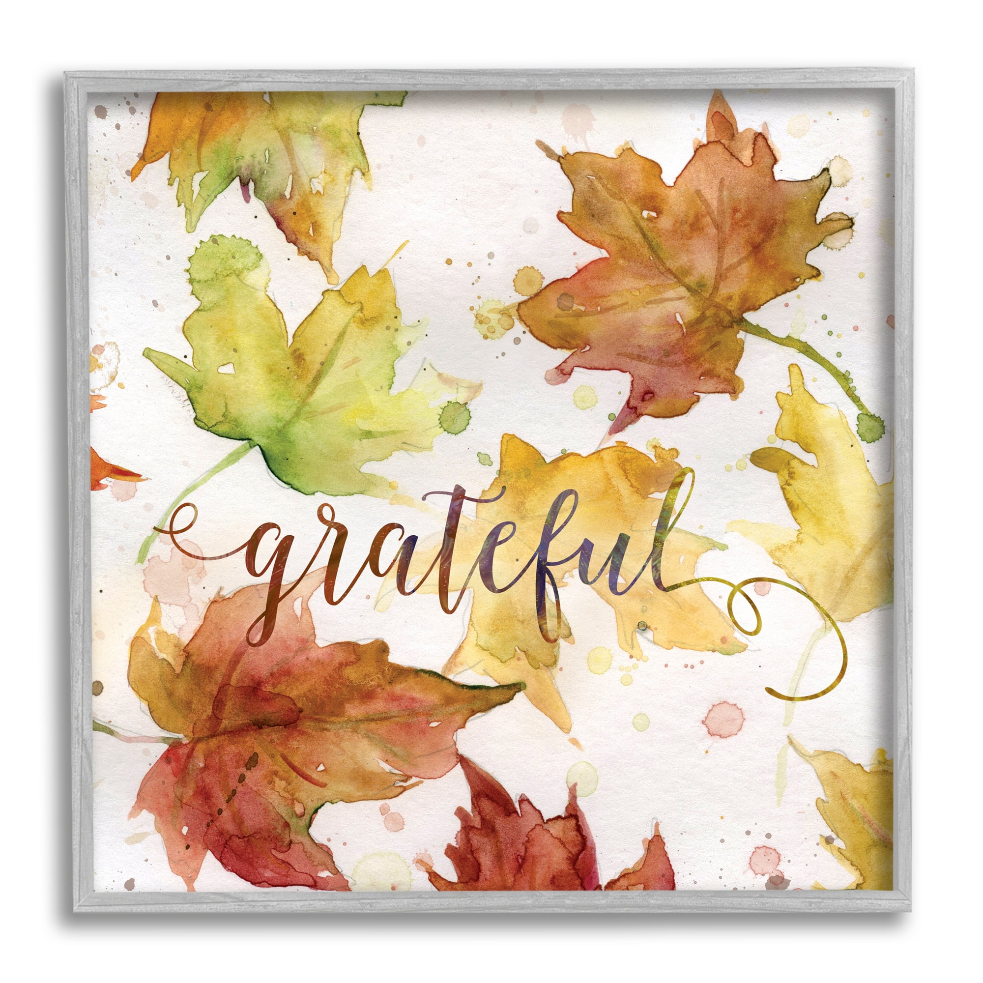 Stupell Industries Grateful Fall Maple Leaves Holiday Painting Gray Framed Art Print Wall Art, 17 x 17