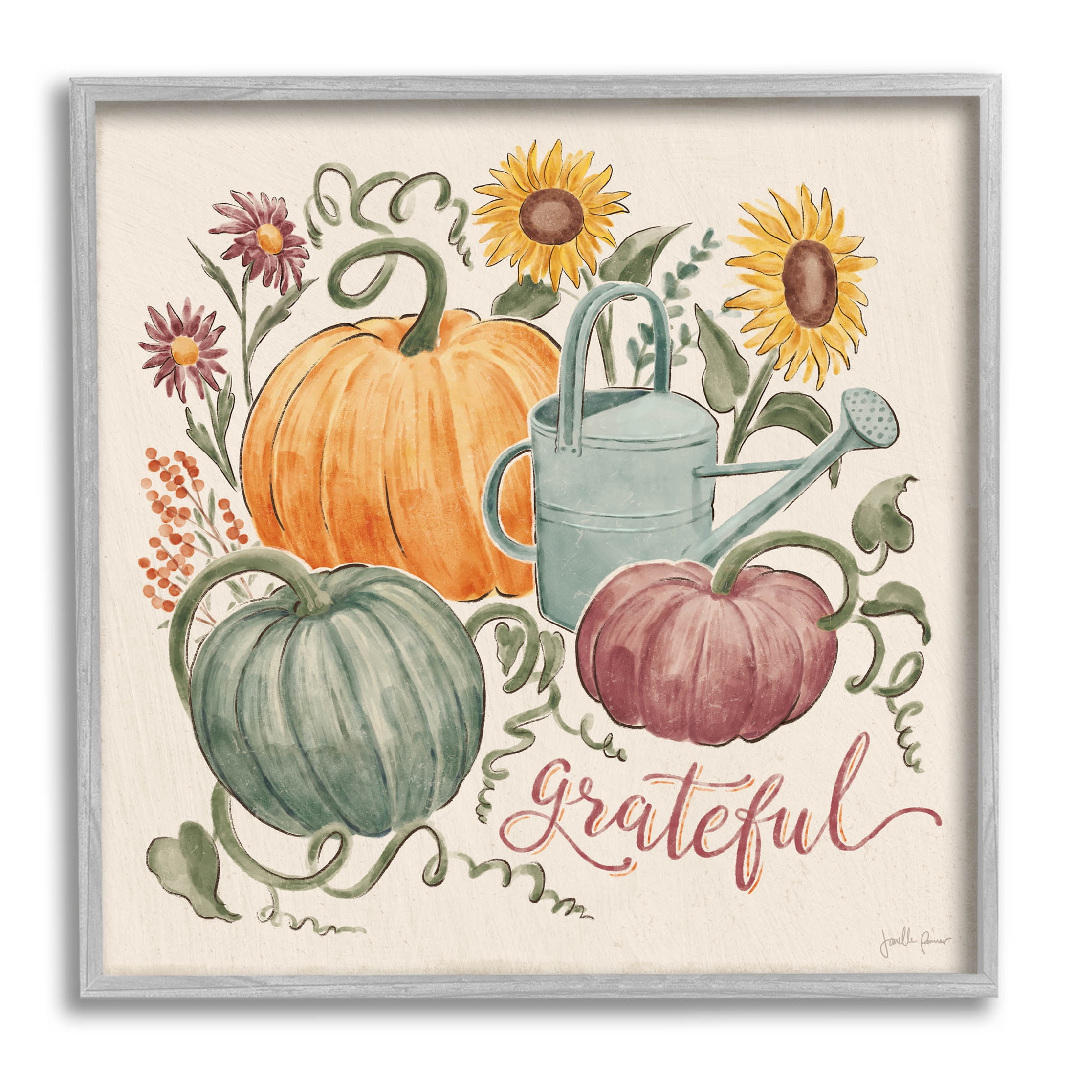 Stupell Industries Grateful Floral Fall Pumpkins Graphic Art Gray Framed Art Print Wall Art, Design by Janelle Penner