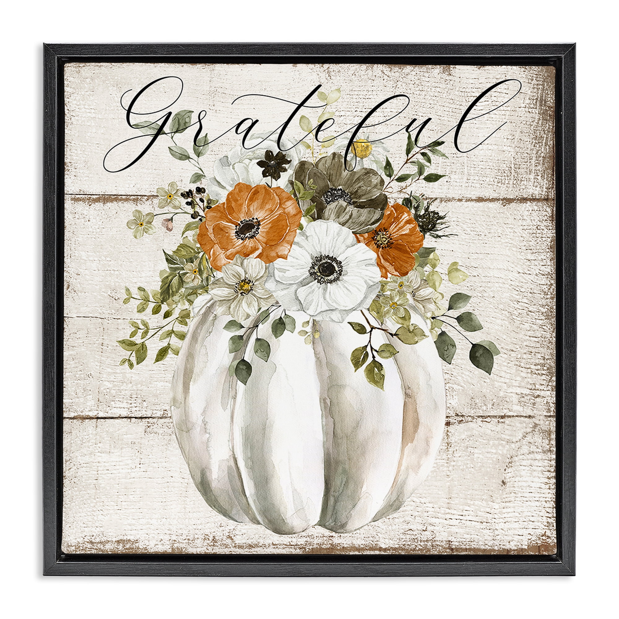 Stupell Industries Grateful Floral Pumpkin Holiday Painting Black Floater Framed Canvas Art Prints Wall Art, 25 x 25
