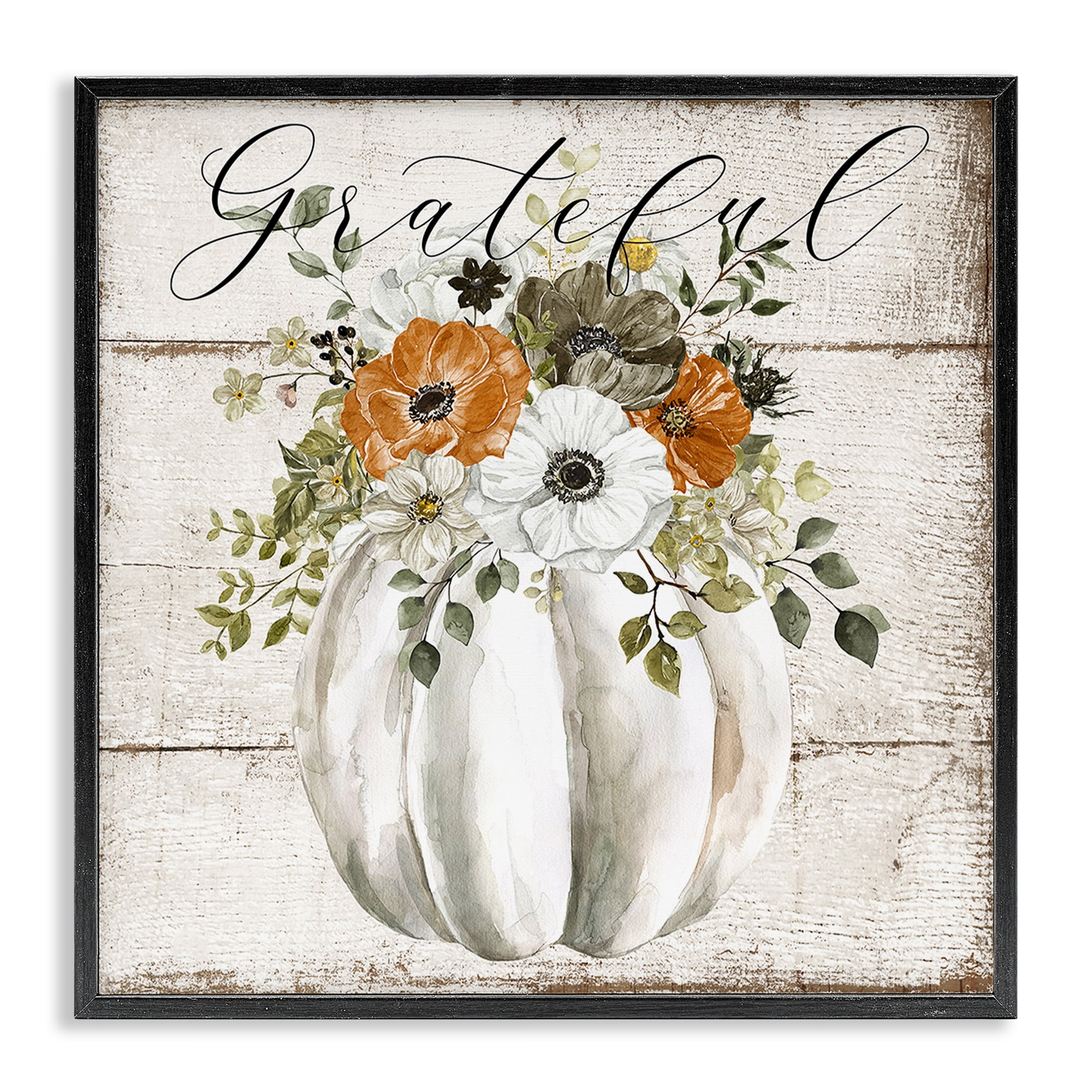 Stupell Industries Grateful Floral Pumpkin Holiday Painting Black Framed Art Prints Wall Art, 24 x 24