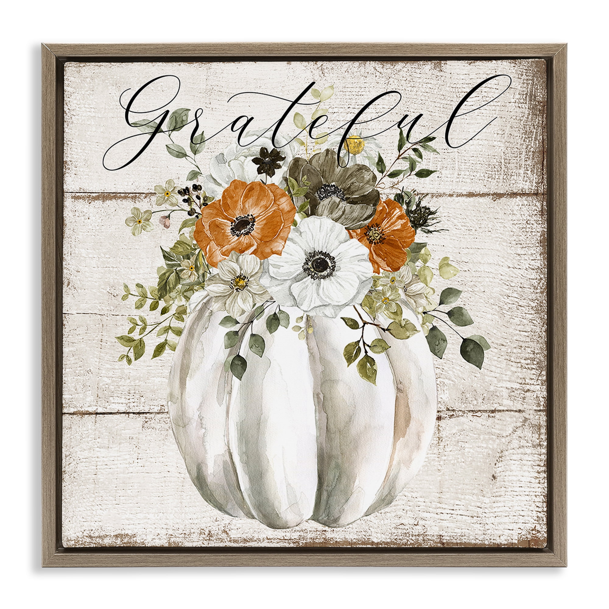 Stupell Industries Grateful Floral Pumpkin Holiday Painting Brown Floater Framed Canvas Art Prints Wall Art, 18 x 18
