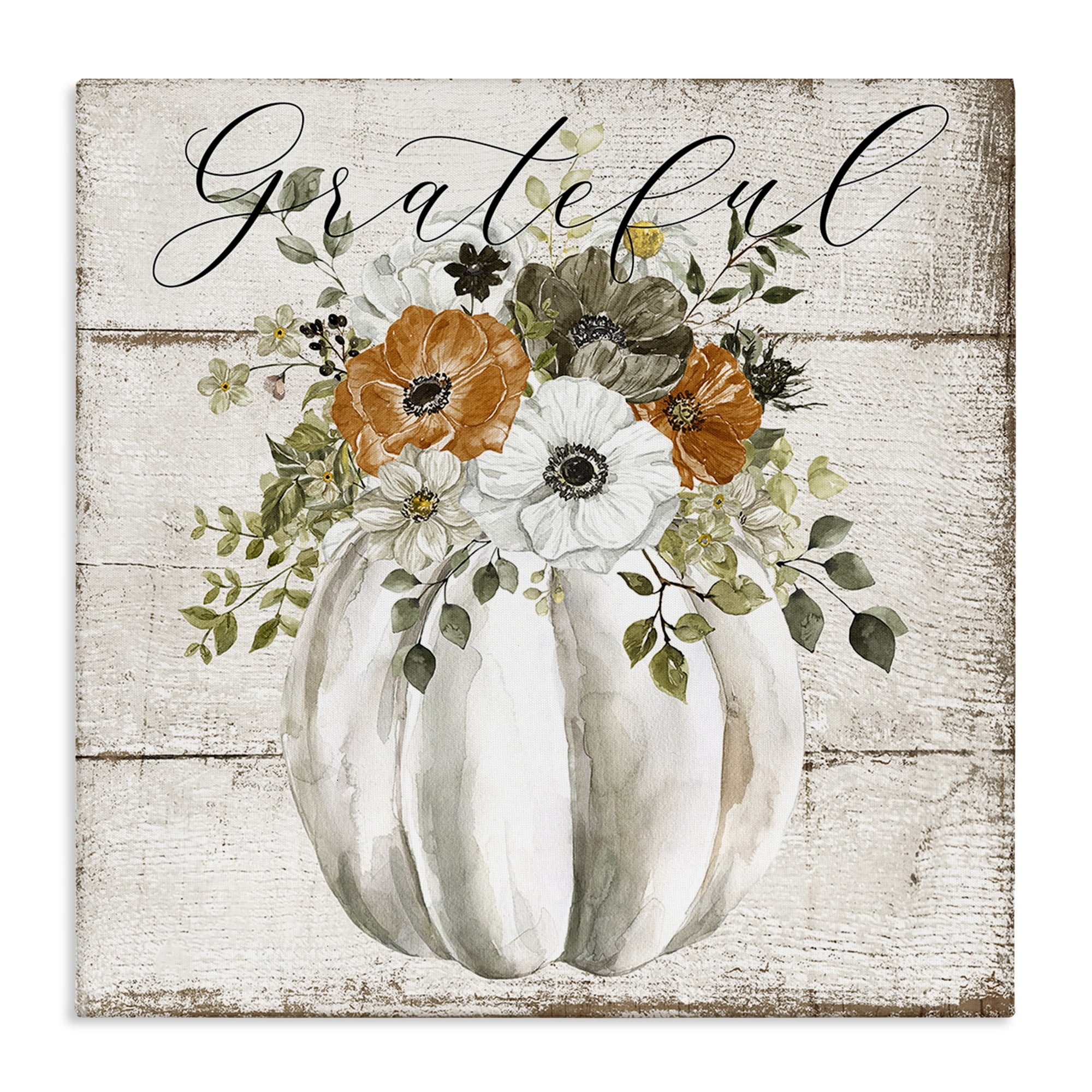 Stupell Industries Grateful Floral Pumpkin Holiday Painting Gallery Wrapped Canvas Art Prints Wall Art, 17 x 17