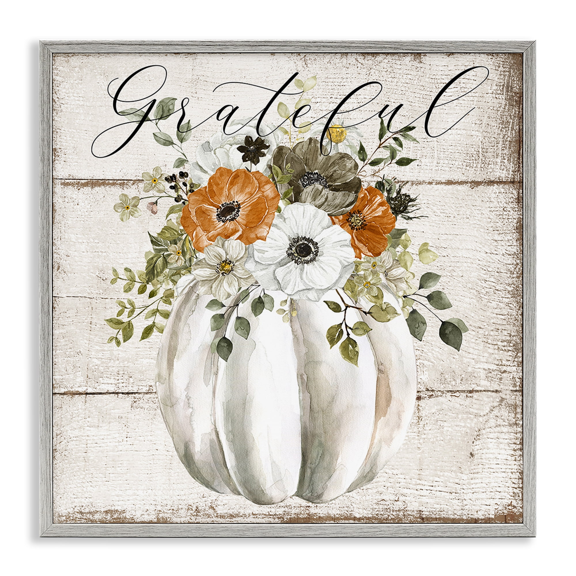 Stupell Industries Grateful Floral Pumpkin Holiday Painting Gray Framed Art Prints Wall Art, 12 x 12
