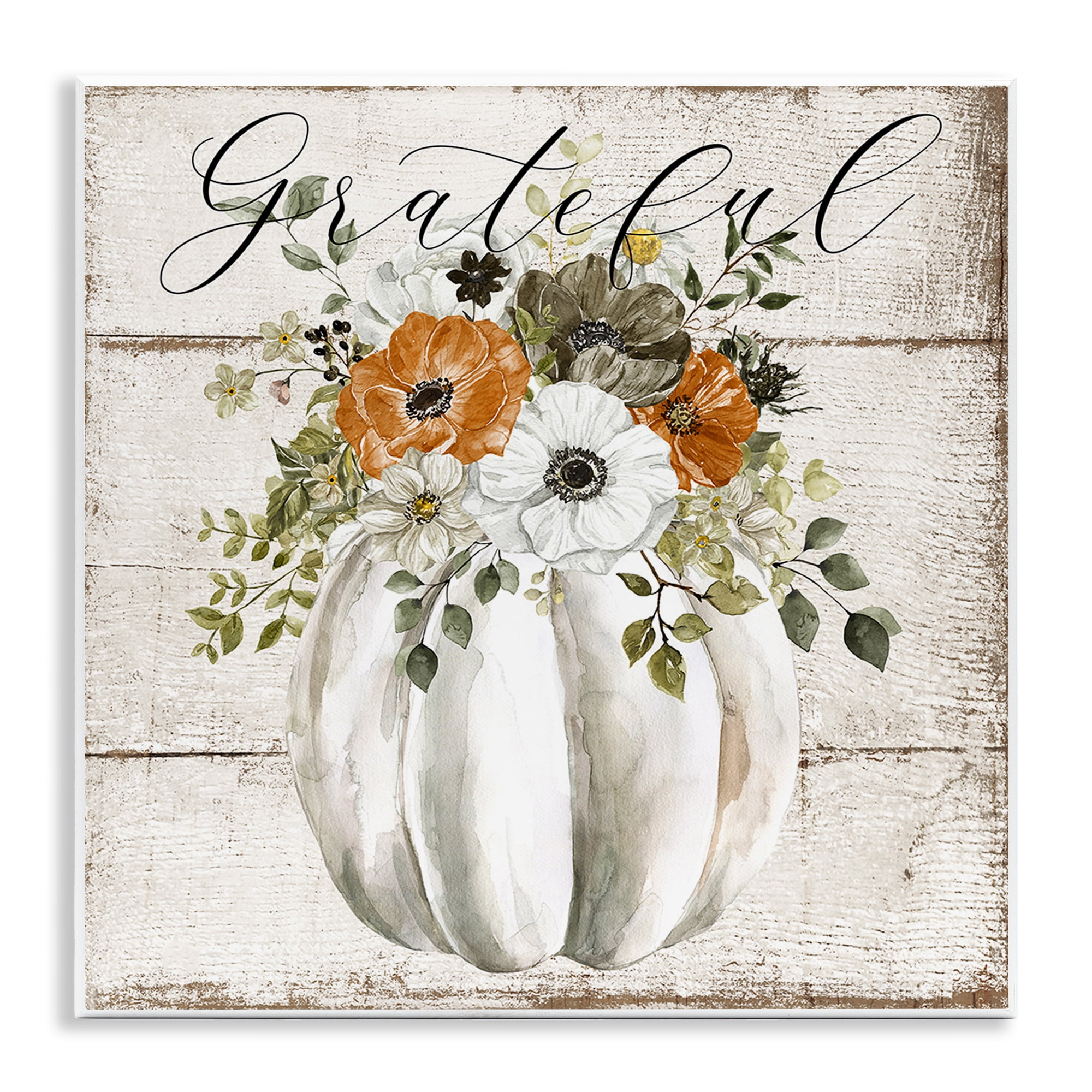 Stupell Industries Grateful Floral Pumpkin Holiday Painting Unframed Art Prints Wall Art, 12 x 12