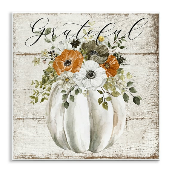 Stupell Industries Grateful Floral Pumpkin Holiday Painting Unframed Art Prints Wall Art, 12 x 12
