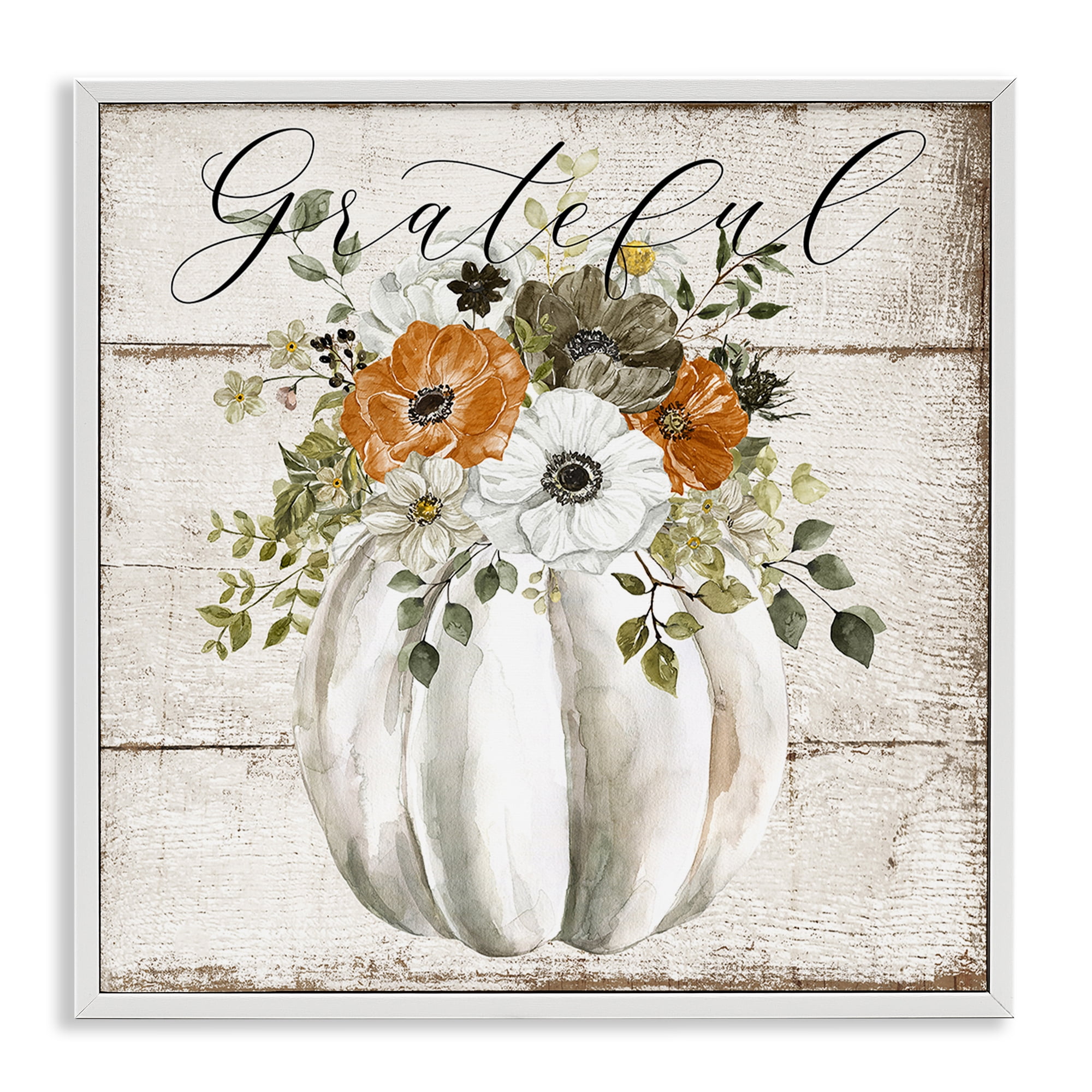Stupell Industries Grateful Floral Pumpkin Holiday Painting White Framed Art Prints Wall Art, 12 x 12