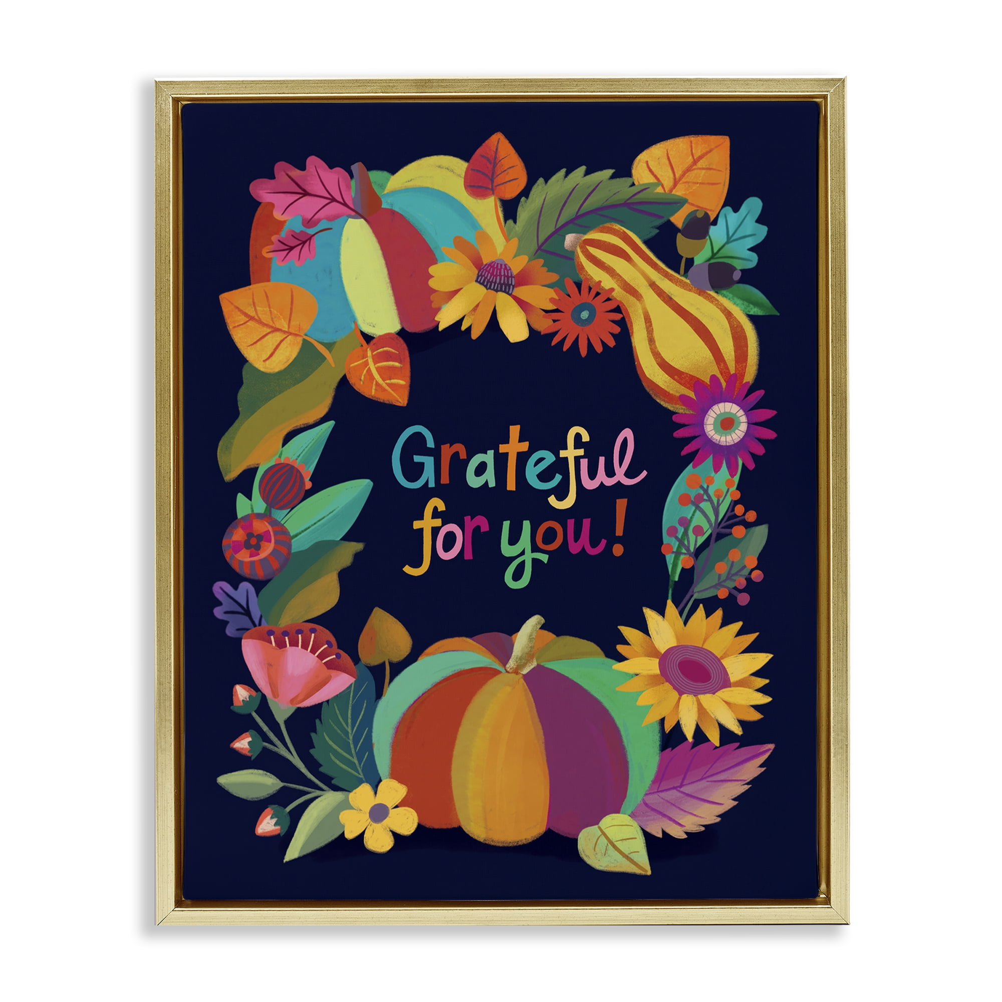 Stupell Industries Grateful For You Gourds Holiday Painting Gold Floater Framed Canvas Art Print Wall Art, 17 x 21