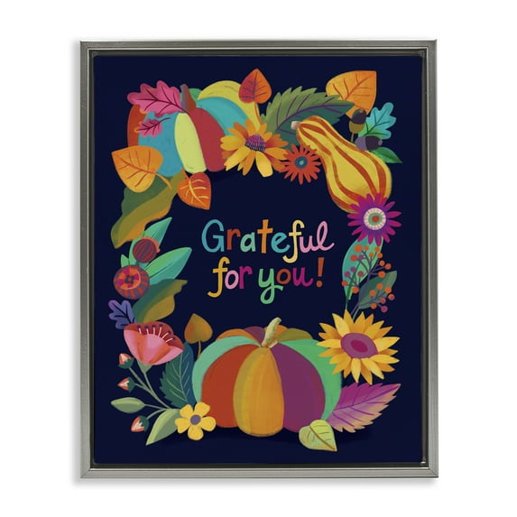 Stupell Industries Grateful For You Gourds Holiday Painting Gray Floater Framed Canvas Art Print Wall Art, 17 x 21