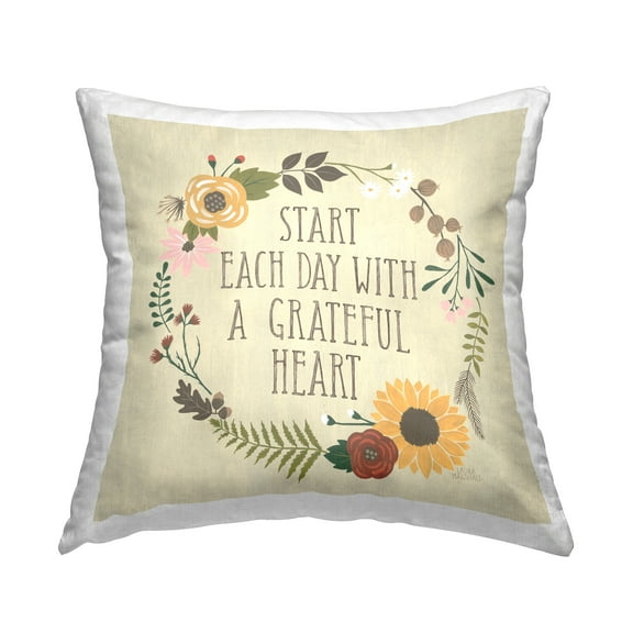 Stupell Industries Grateful Heart Botanical Bordered Phrase Design by Laura Marshall Throw Pillow