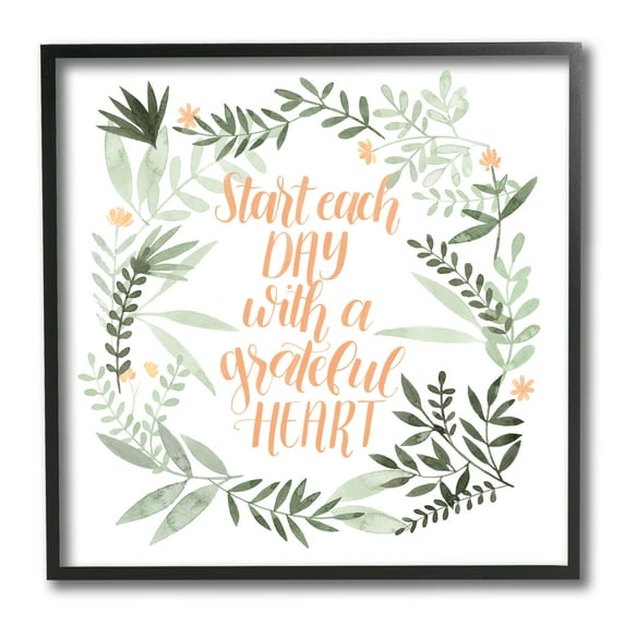Stupell Industries Grateful Heart Phrase Soft Green Floral Plants Inspirational Painting Black Framed Art Print Wall Art, 12 x 12