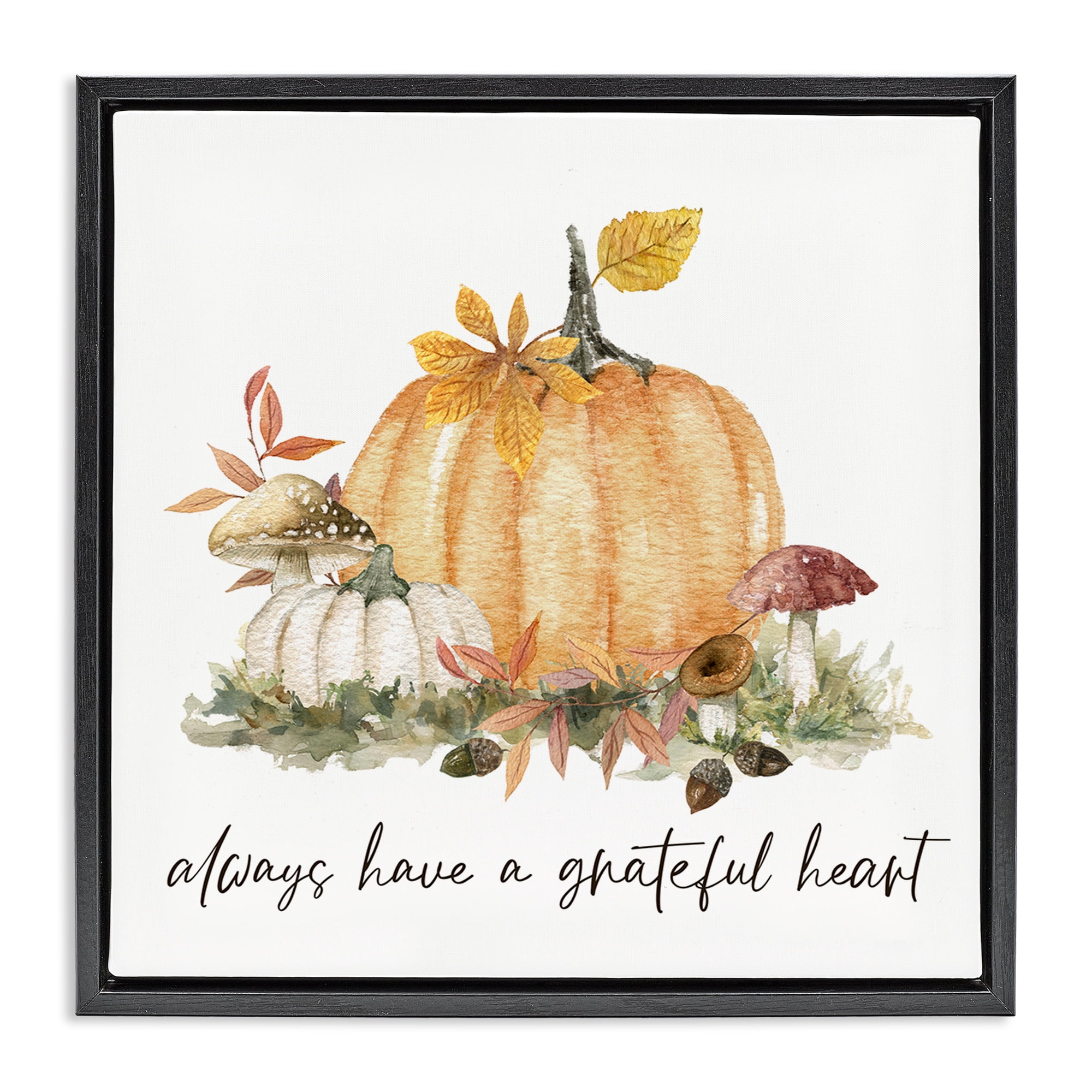 Stupell Industries Grateful Heart Pumpkin Botanical & Floral Painting Black Floater Framed Canvas Art Prints Wall Art, 25 x 25
