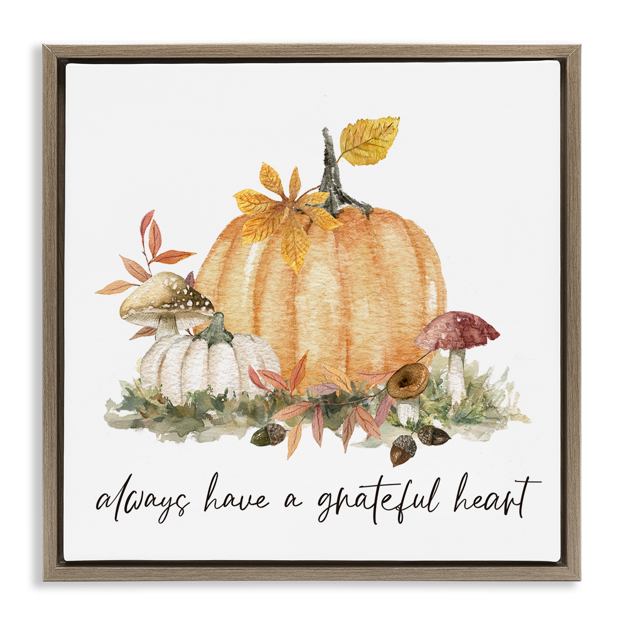 Stupell Industries Grateful Heart Pumpkin Botanical & Floral Painting Brown Floater Framed Canvas Art Prints Wall Art, 18 x 18