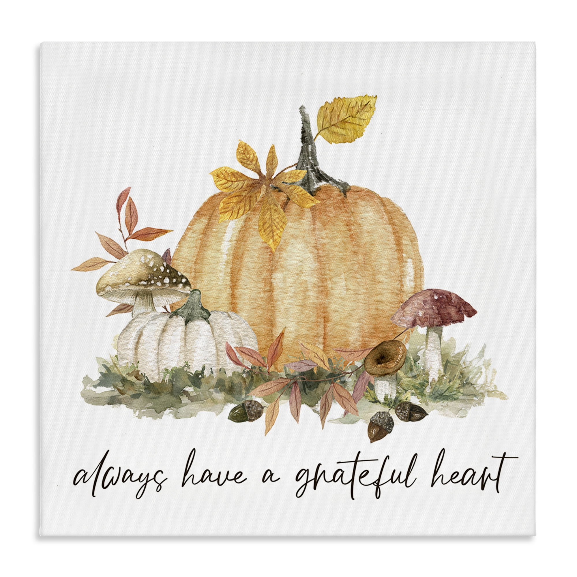 Stupell Industries Grateful Heart Pumpkin Botanical & Floral Painting Gallery Wrapped Canvas Art Prints Wall Art, 30 x 30