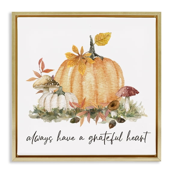 Stupell Industries Grateful Heart Pumpkin Botanical & Floral Painting Gold Floater Framed Canvas Art Prints Wall Art, 18 x 18