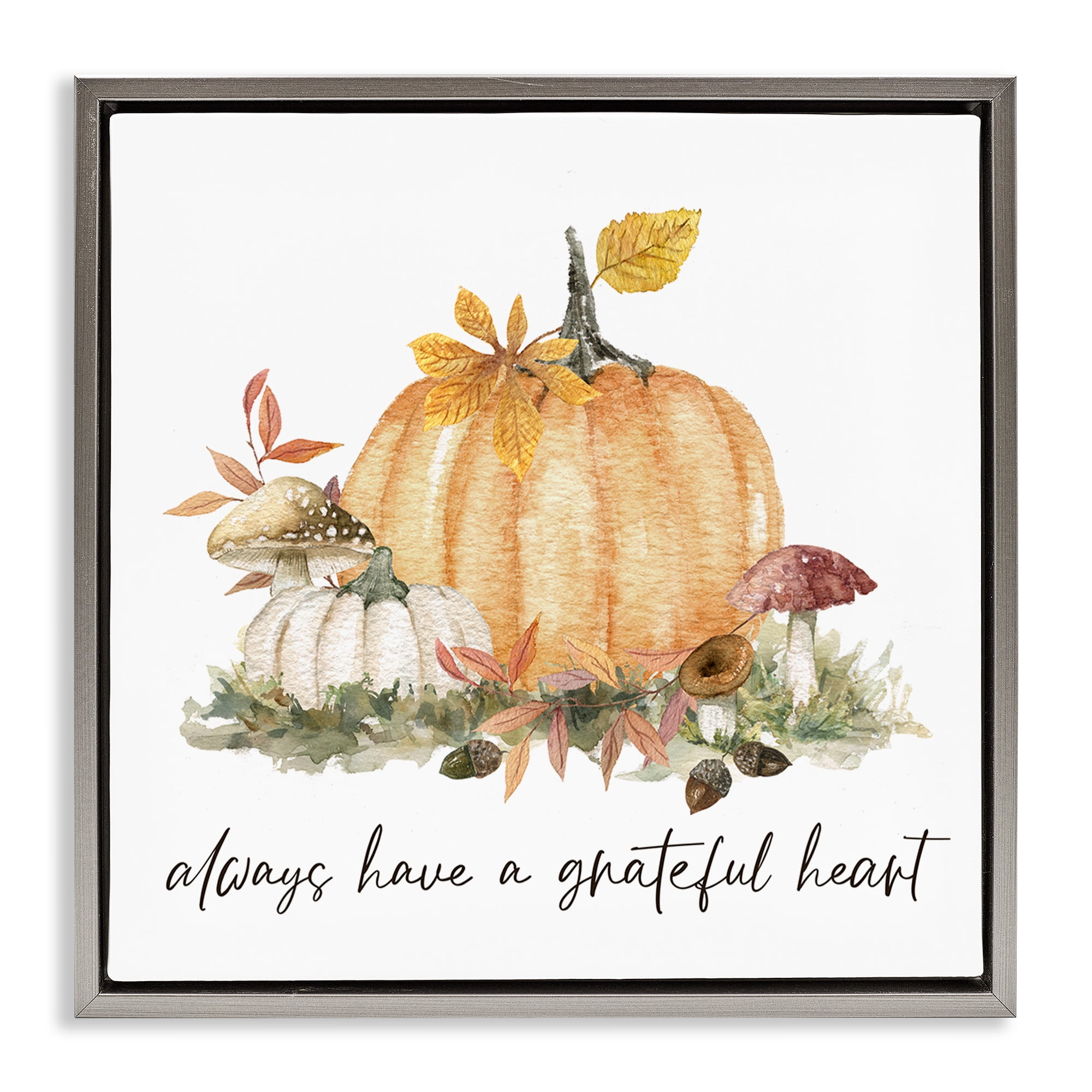 Stupell Industries Grateful Heart Pumpkin Botanical & Floral Painting Gray Floater Framed Canvas Art Prints Wall Art, 25 x 25