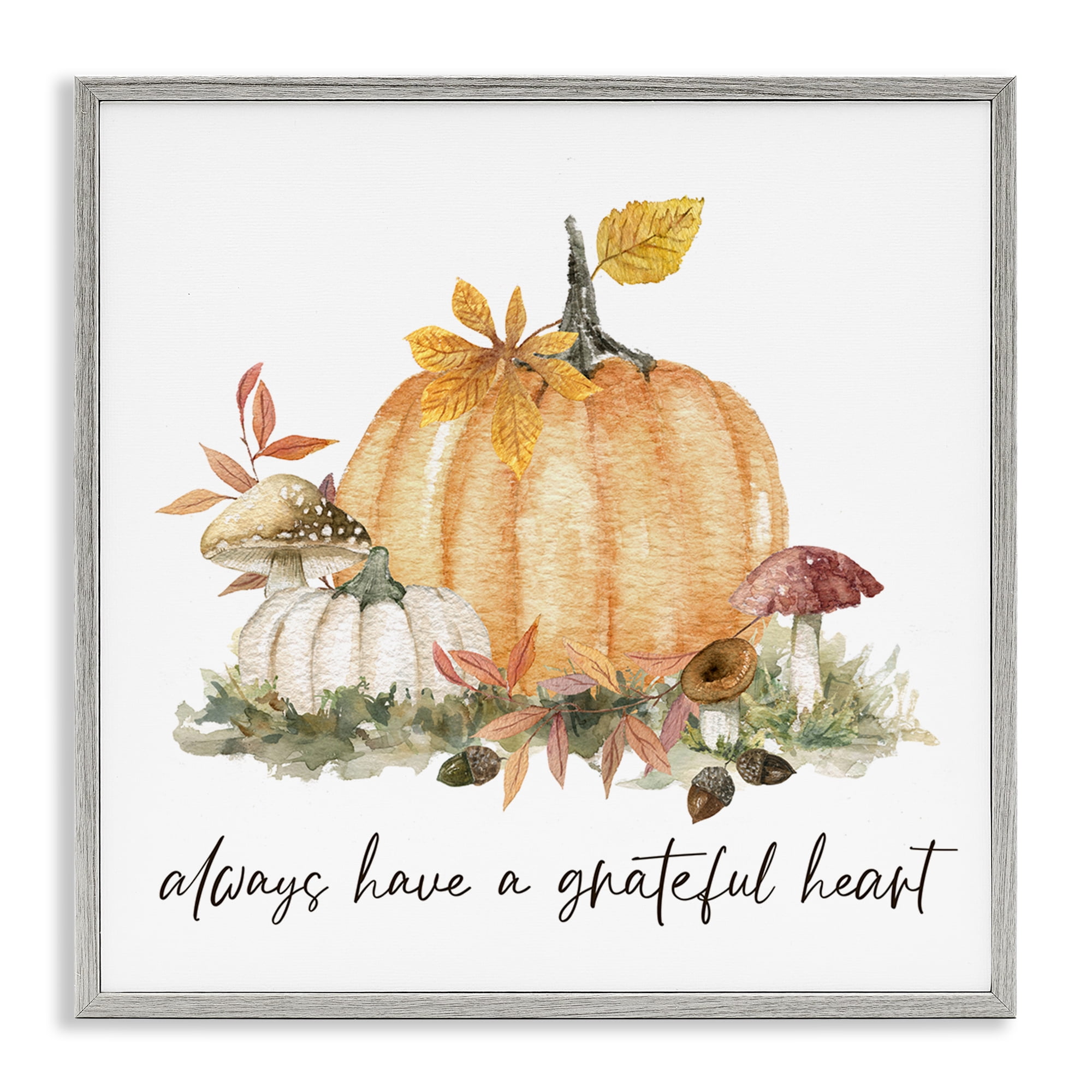 Stupell Industries Grateful Heart Pumpkin Botanical & Floral Painting Gray Framed Art Prints Wall Art, 24 x 24
