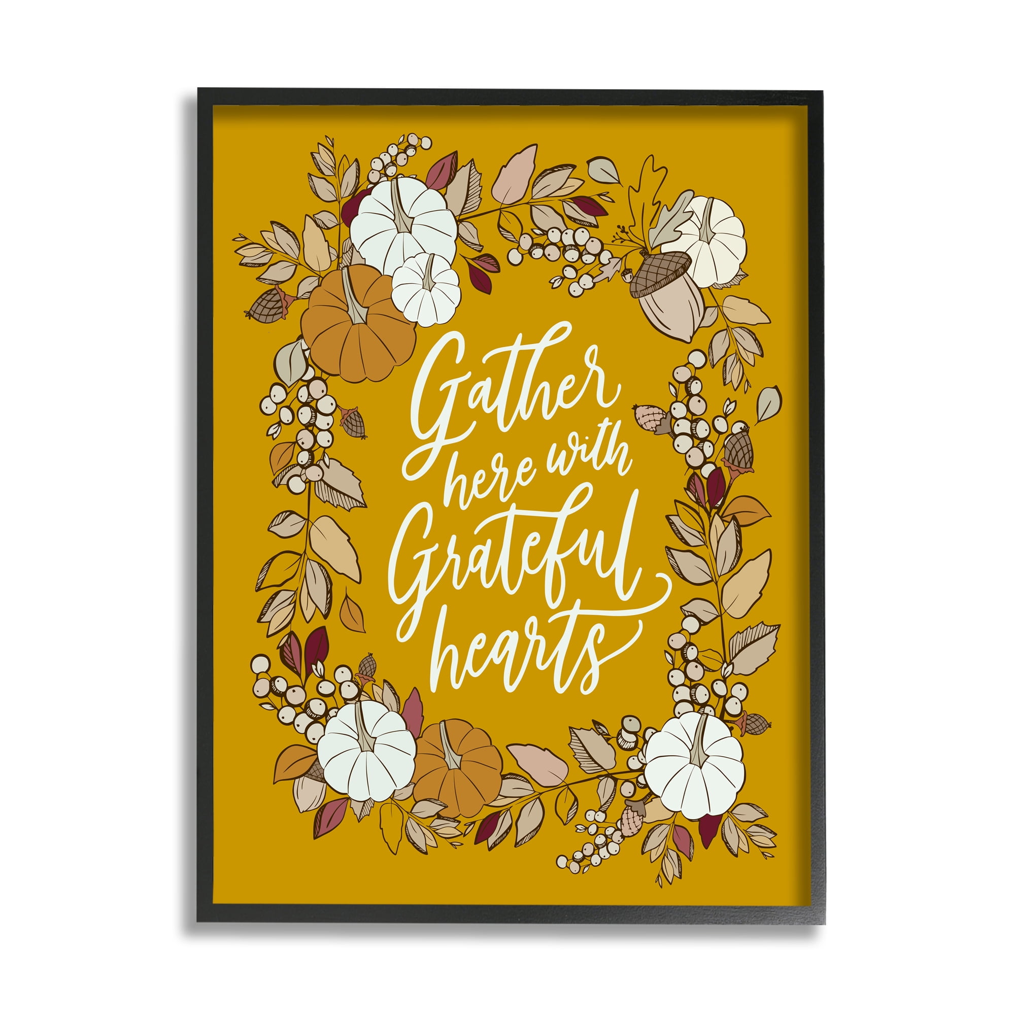 Stupell Industries Grateful Hearts Autumnal Vegetation Pumpkins Botanical Border Graphic Art Black Framed Art Print Wall Art, 11x14, by doodles.ink.
