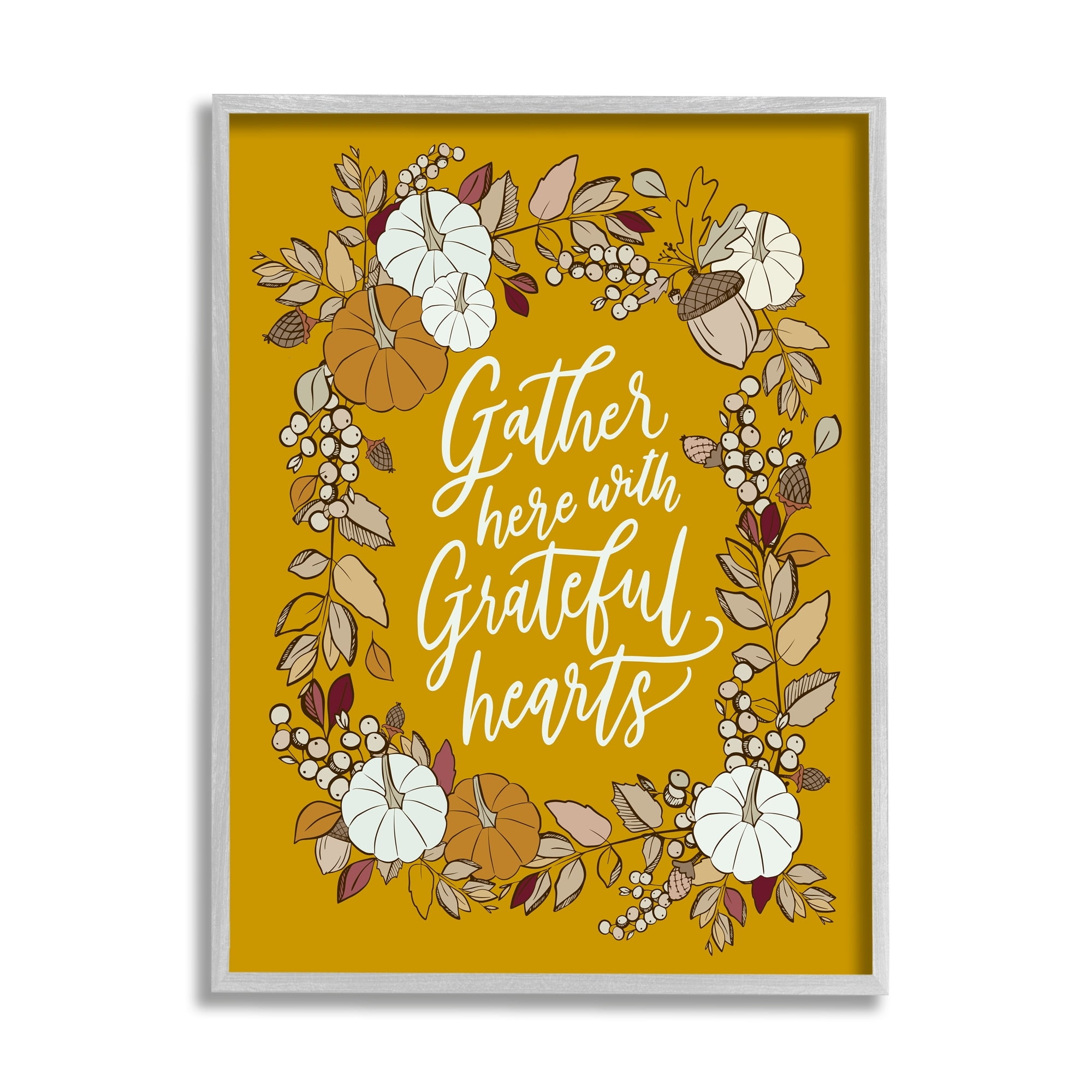 Stupell Industries Grateful Hearts Autumnal Vegetation Pumpkins Botanical Border Graphic Art Gray Framed Art Print Wall Art, 24x30, by doodles.ink.