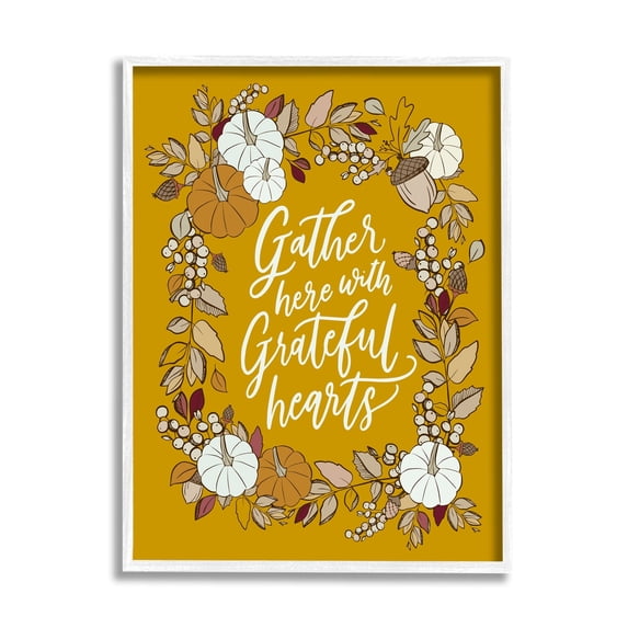 Stupell Industries Grateful Hearts Autumnal Vegetation Pumpkins Botanical Border Graphic Art White Framed Art Print Wall Art, 24x30, by doodles.ink.