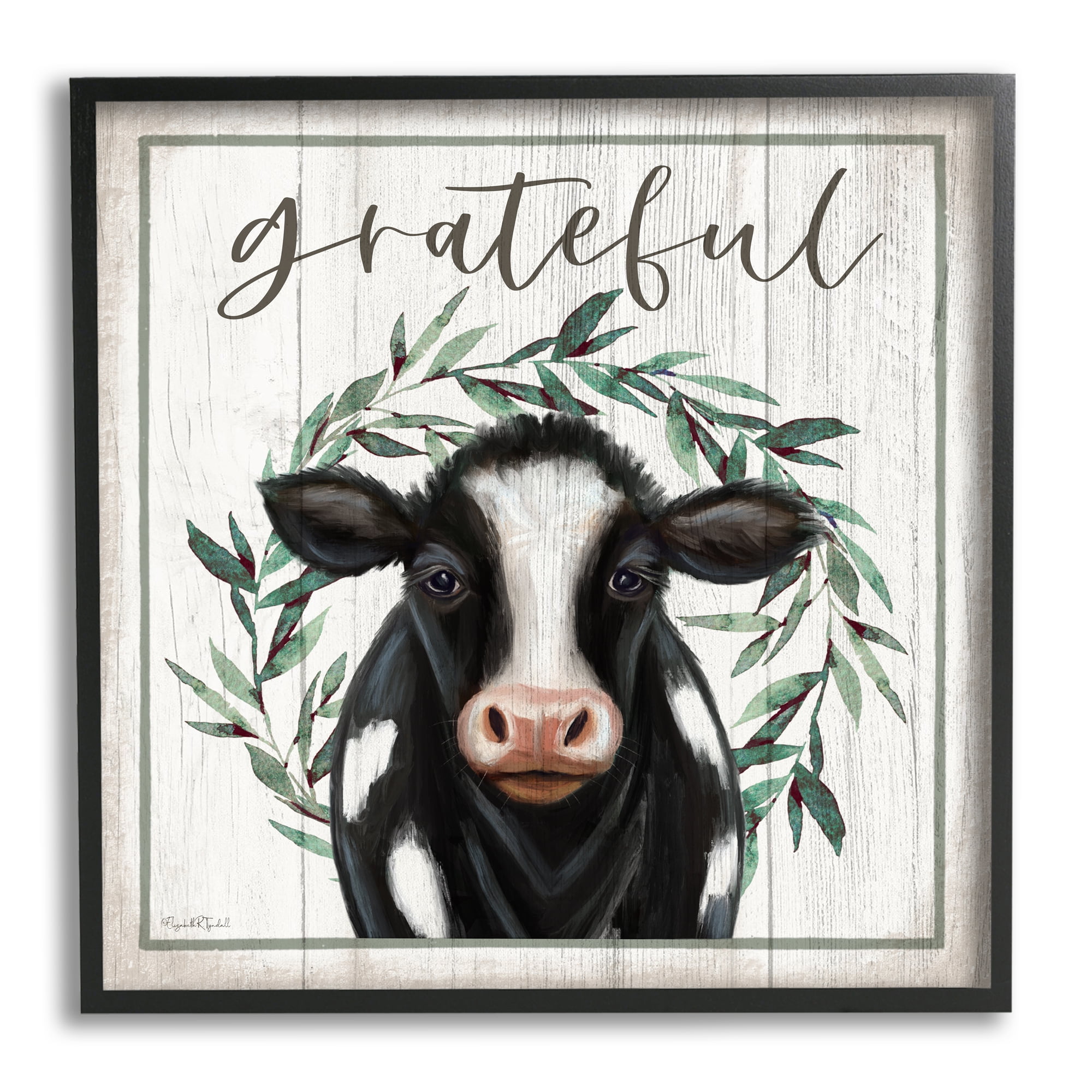 Stupell Industries Grateful Phrase Cow Holiday Painting Black Framed Art Print Wall Art, 24 x 24