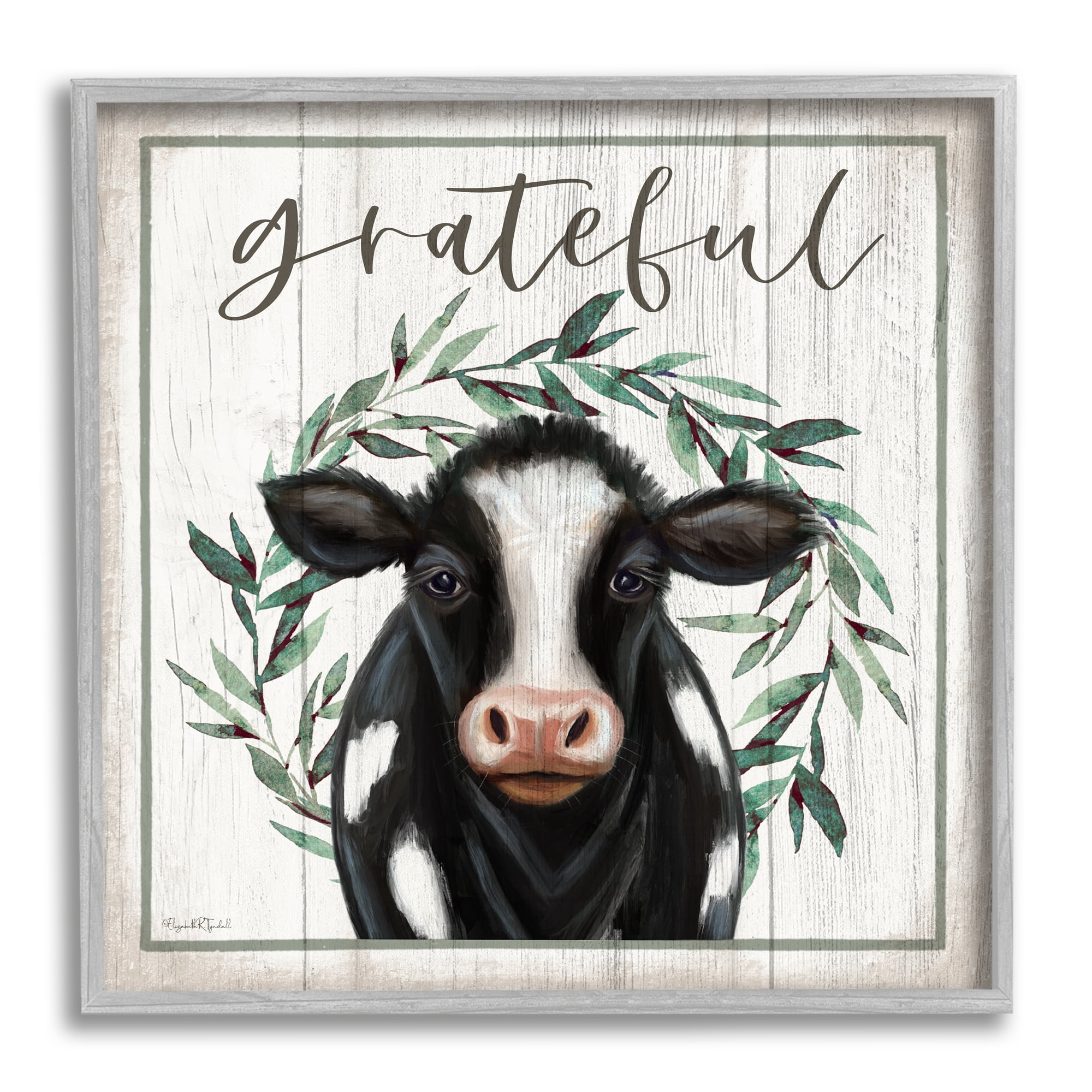 Stupell Industries Grateful Phrase Cow Holiday Painting Gray Framed Art Print Wall Art, 17 x 17