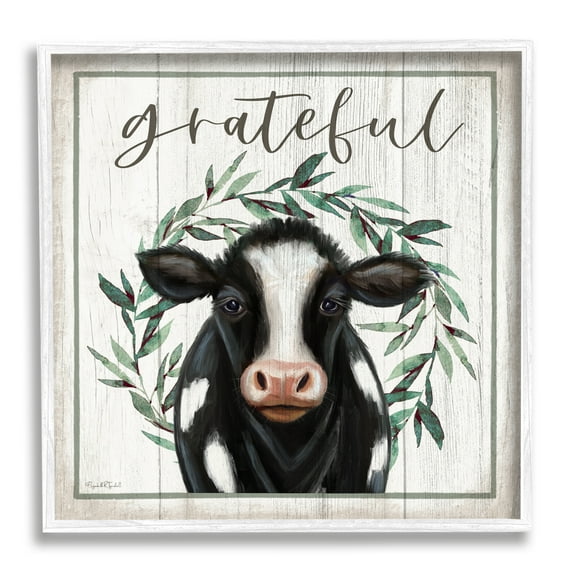 Stupell Industries Grateful Phrase Cow Holiday Painting White Framed Art Print Wall Art, 17 x 17