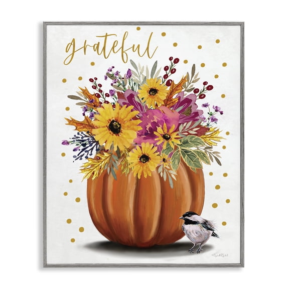 Stupell Industries Grateful Pumpkin Bouquet Quotes and Sayings Painting Gray Framed Art Print Wall Art, 24 x 30