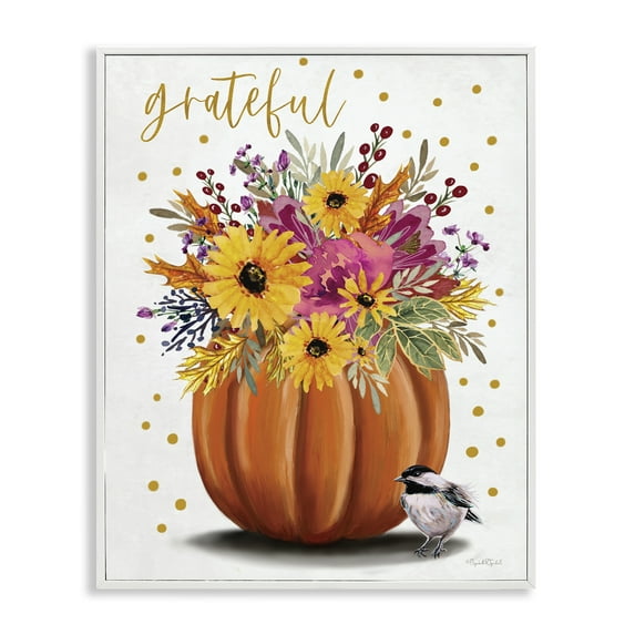 Stupell Industries Grateful Pumpkin Bouquet Quotes and Sayings Painting White Framed Art Print Wall Art, 16 x 20